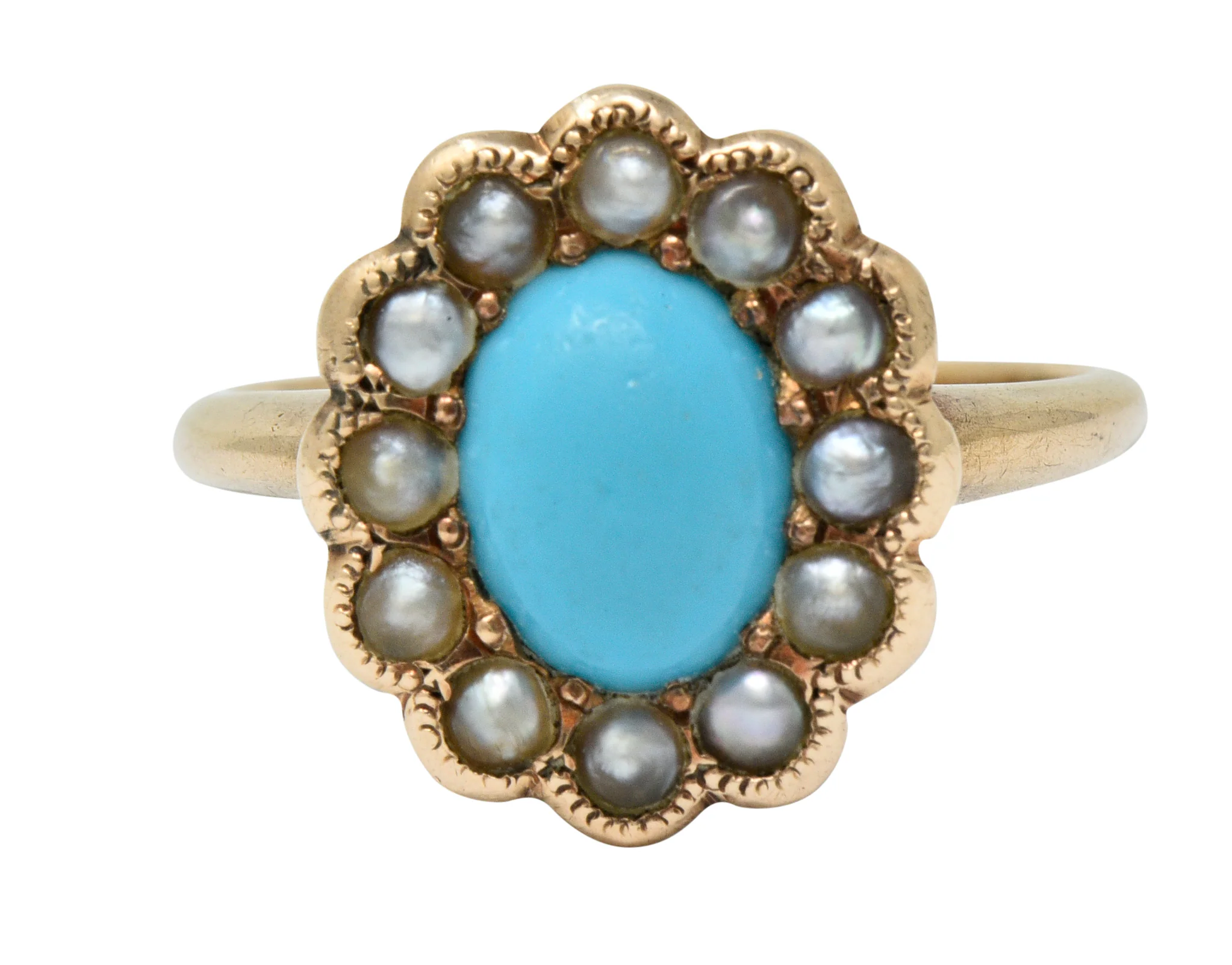 Victorian Turquoise Pearl 14 Karat Rose Gold Cluster Ring - Image 2