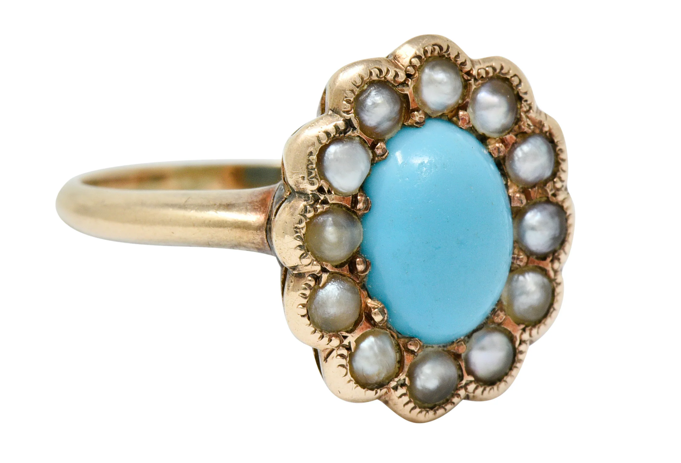 Victorian Turquoise Pearl 14 Karat Rose Gold Cluster Ring - Image 3
