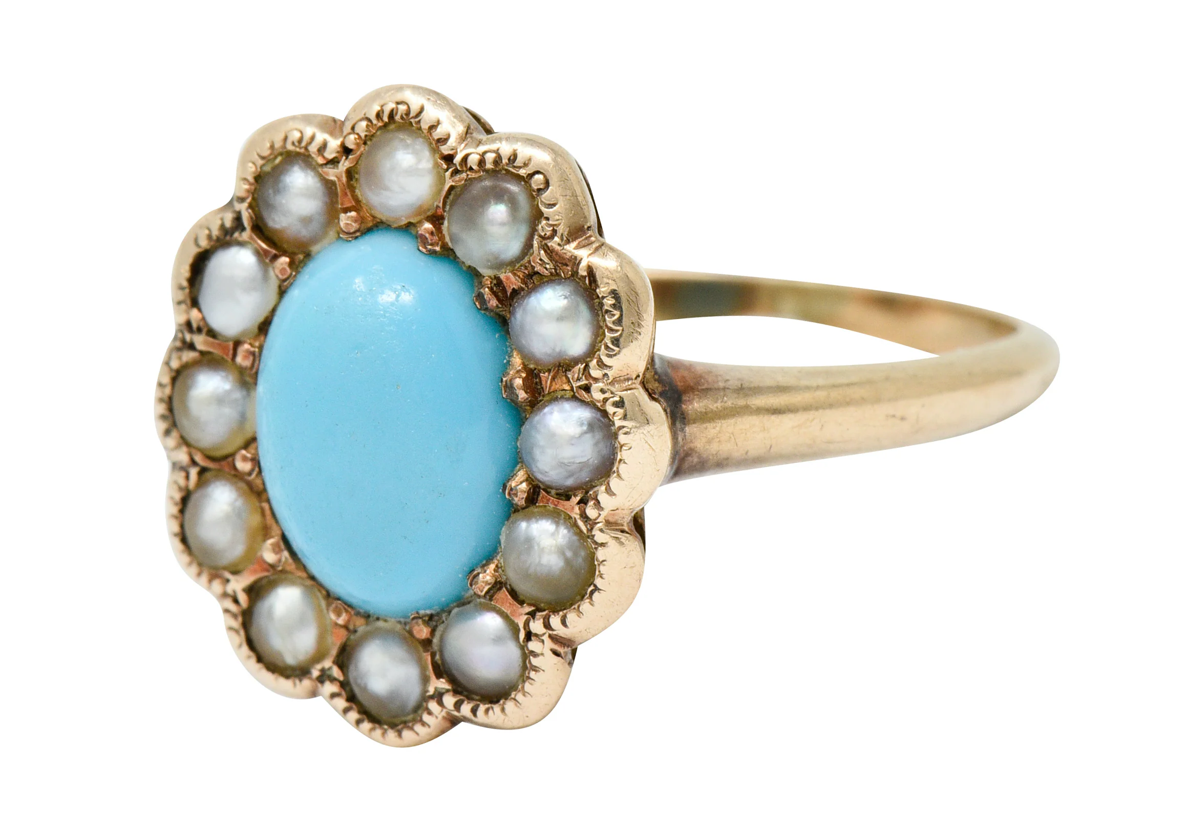Victorian Turquoise Pearl 14 Karat Rose Gold Cluster Ring - Image 6