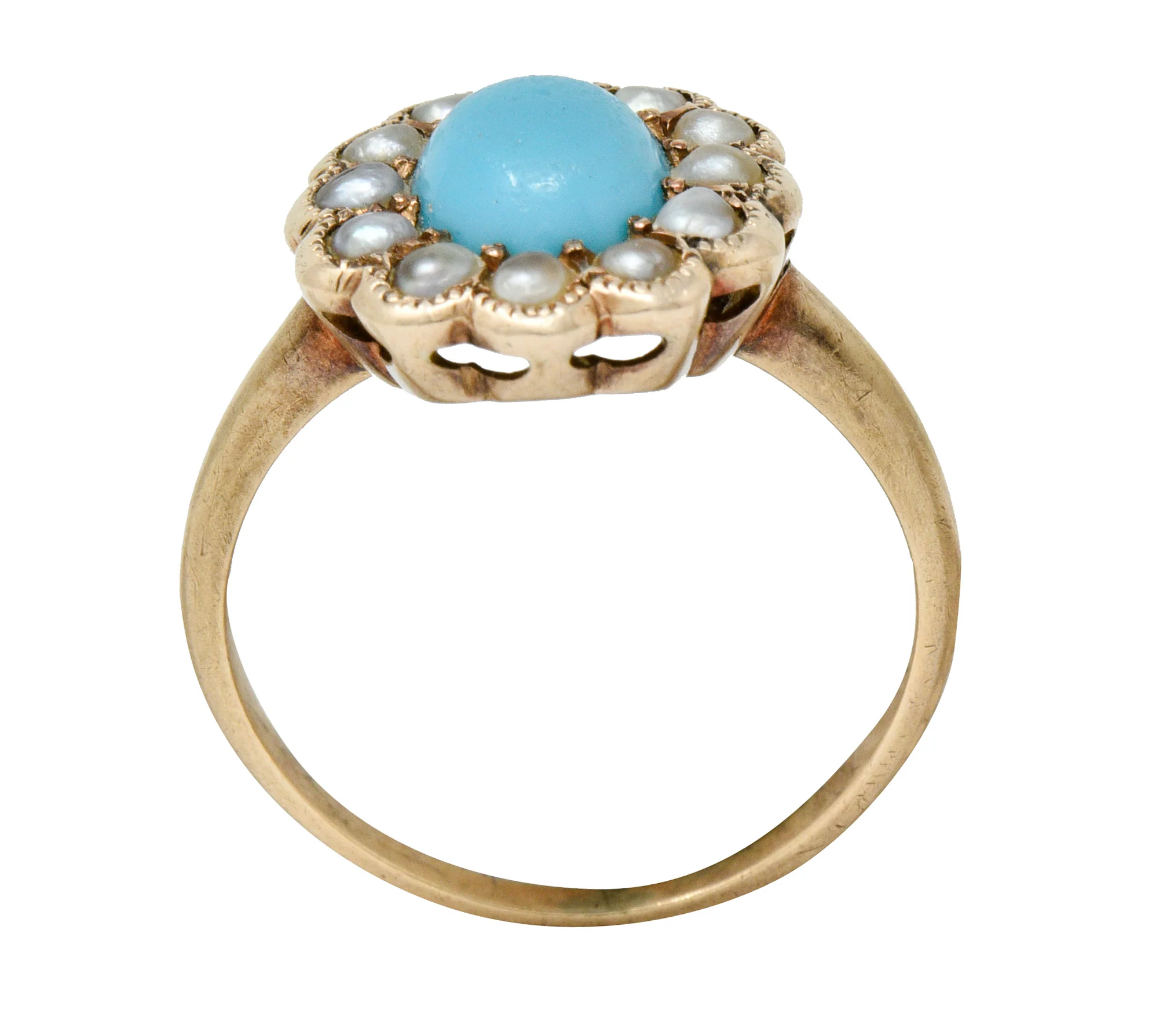 Victorian Turquoise Pearl 14 Karat Rose Gold Cluster Ring - Image 7