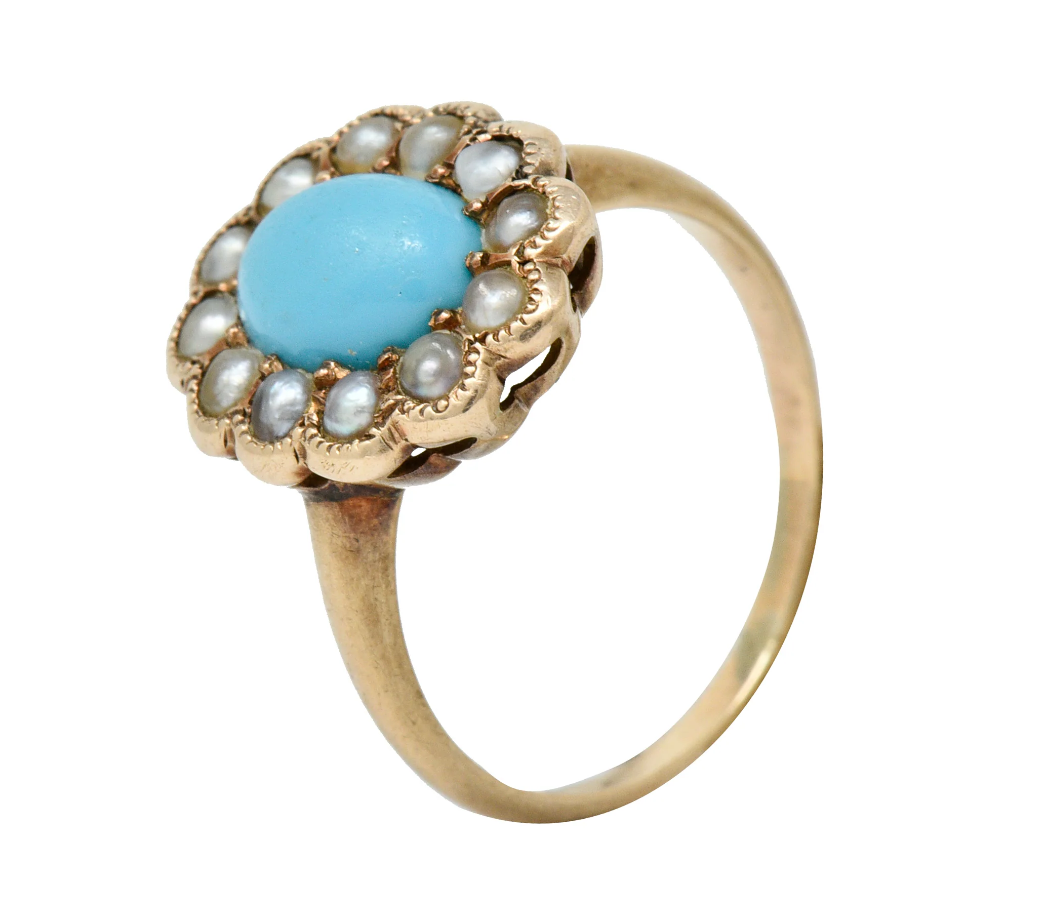 Victorian Turquoise Pearl 14 Karat Rose Gold Cluster Ring - Image 8