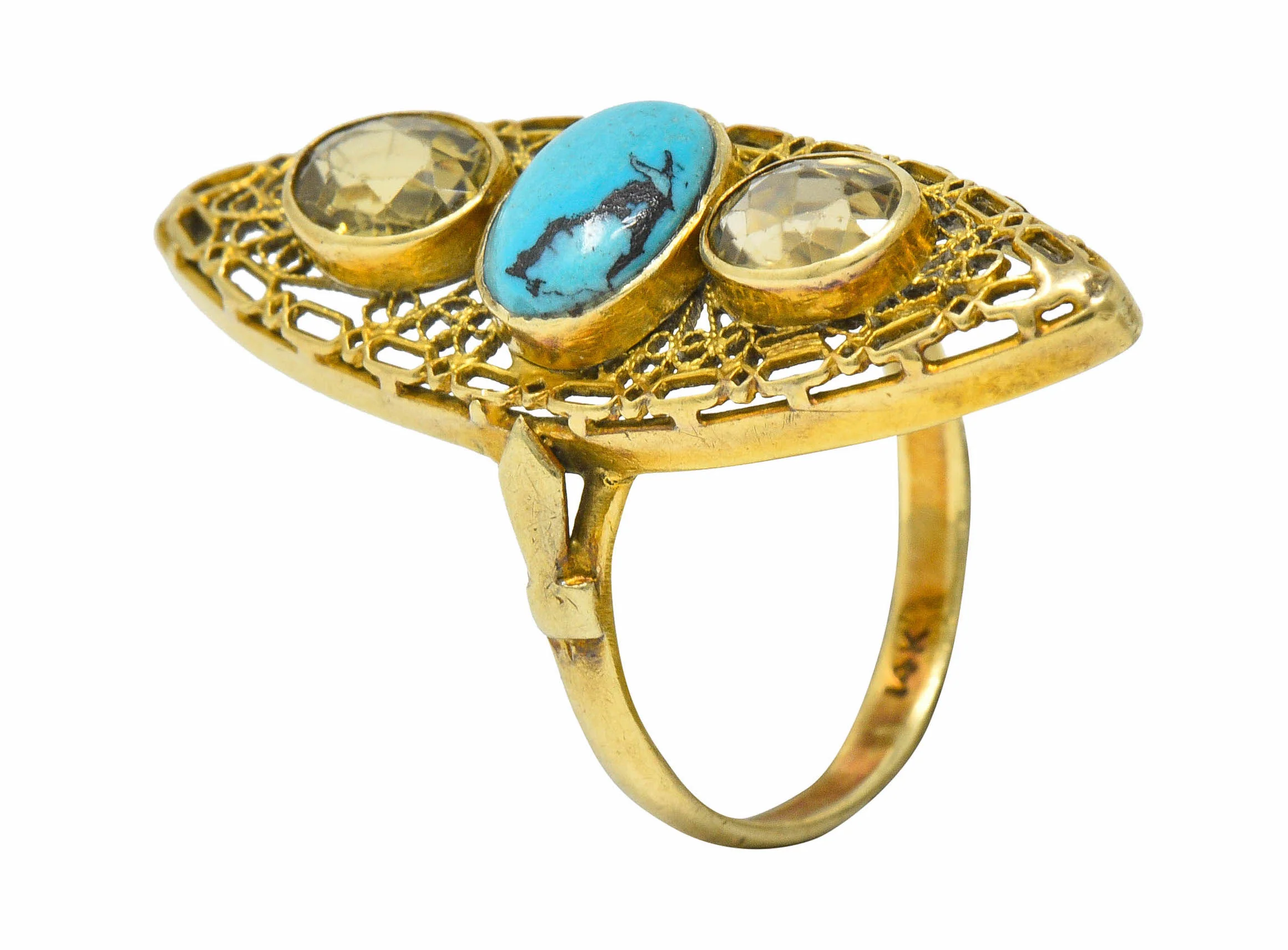 Victorian Turquoise Zircon 14 Karat Gold Navette Ring - Image 11
