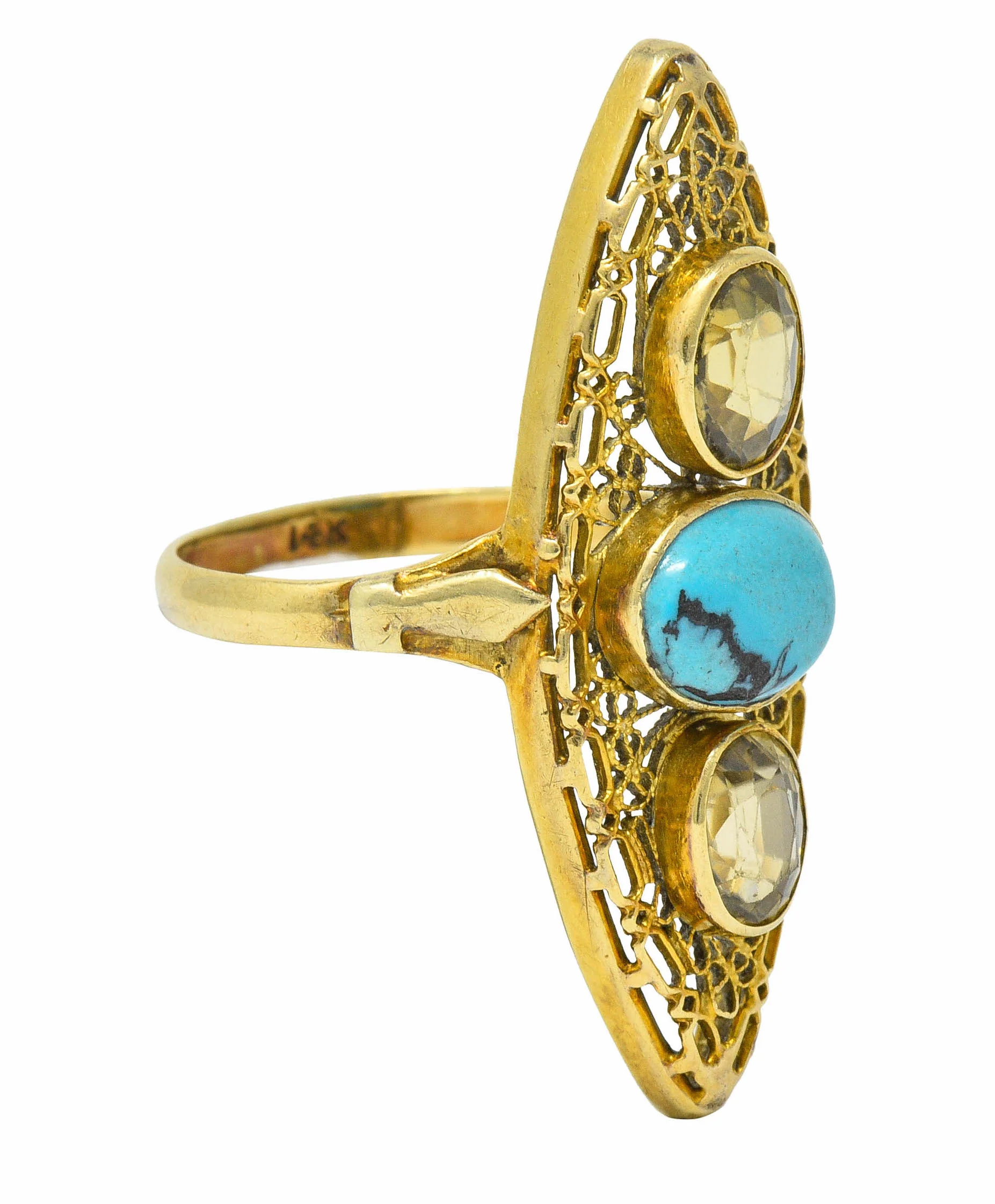 Victorian Turquoise Zircon 14 Karat Gold Navette Ring - Image 2