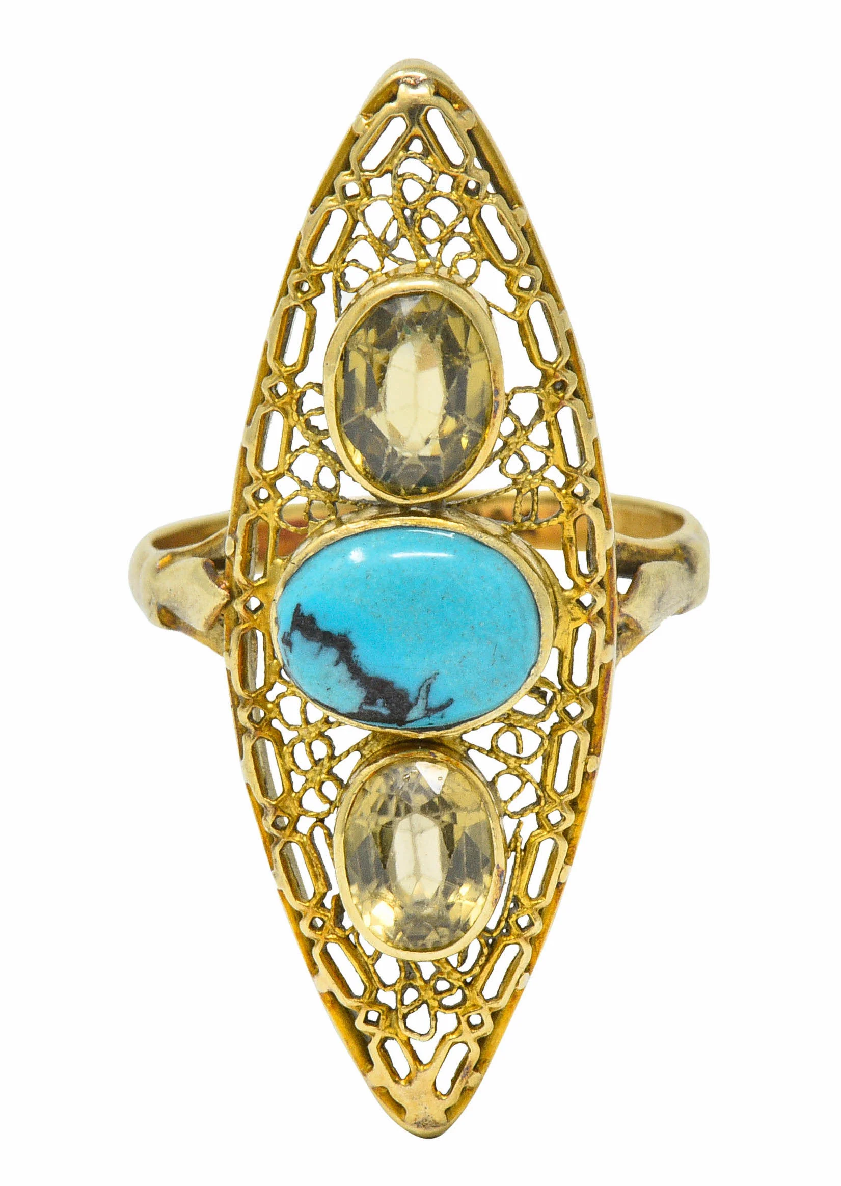Victorian Turquoise Zircon 14 Karat Gold Navette Ring - Image 3