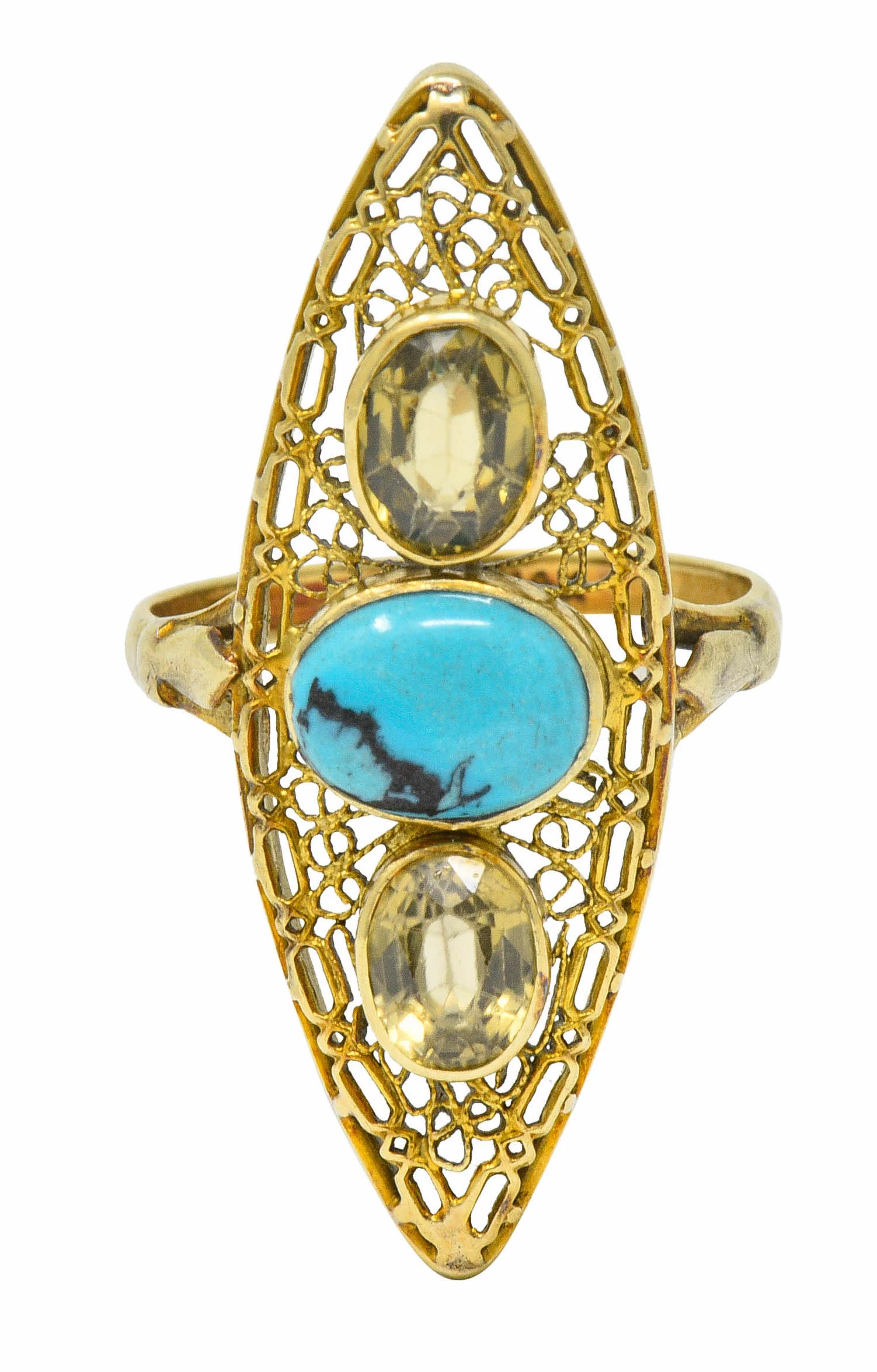 Victorian Turquoise Zircon 14 Karat Gold Navette Ring - Image 5