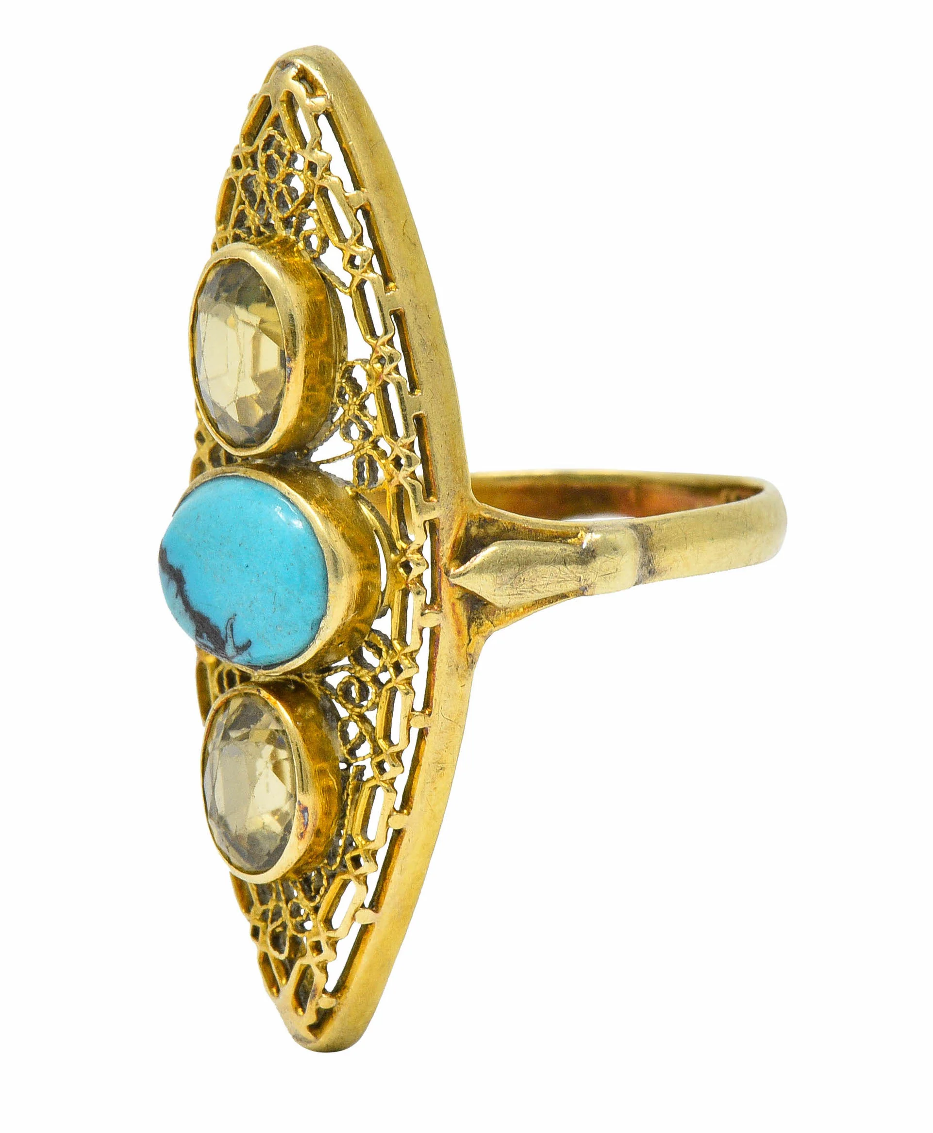 Victorian Turquoise Zircon 14 Karat Gold Navette Ring - Image 7