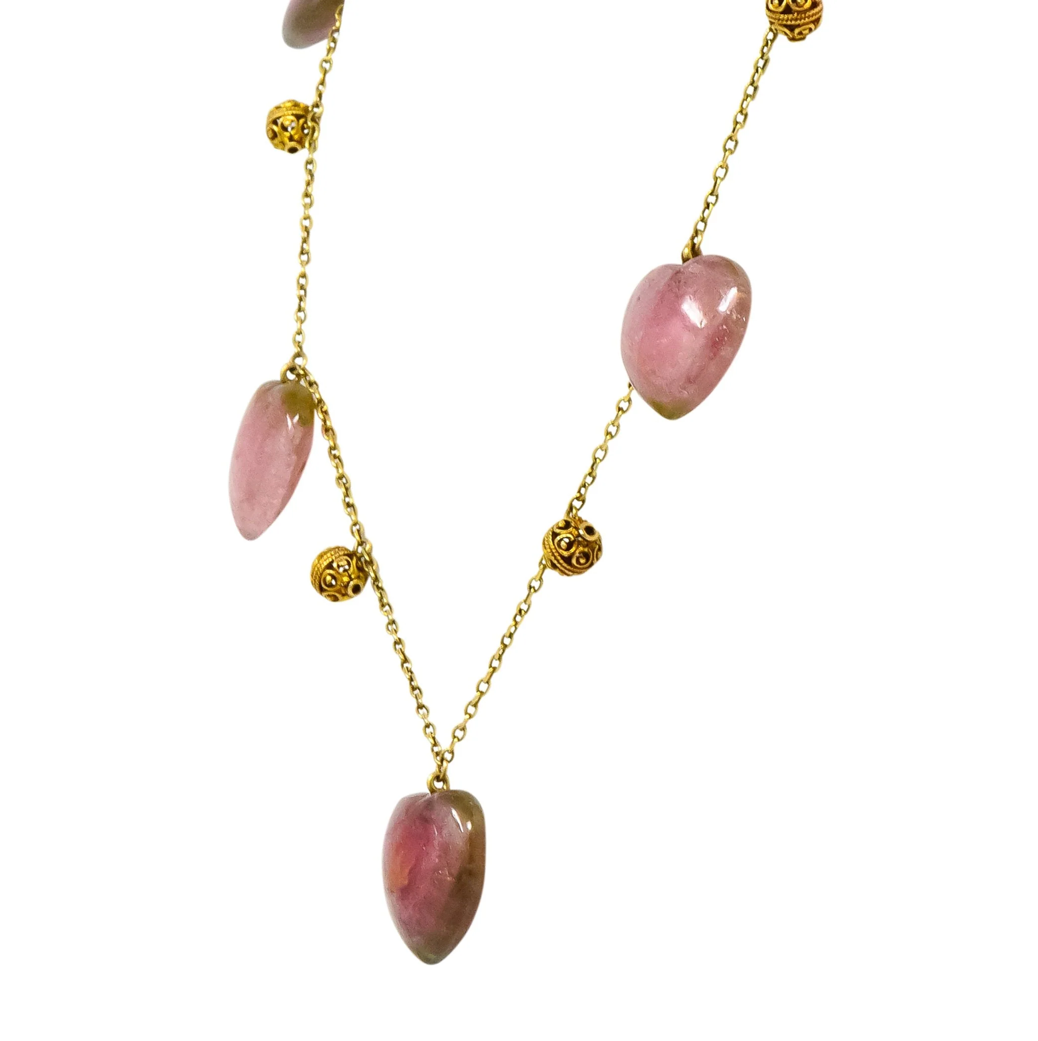 Victorian Watermelon Tourmaline 14 Karat Gold Heart Station Necklace - Image 3
