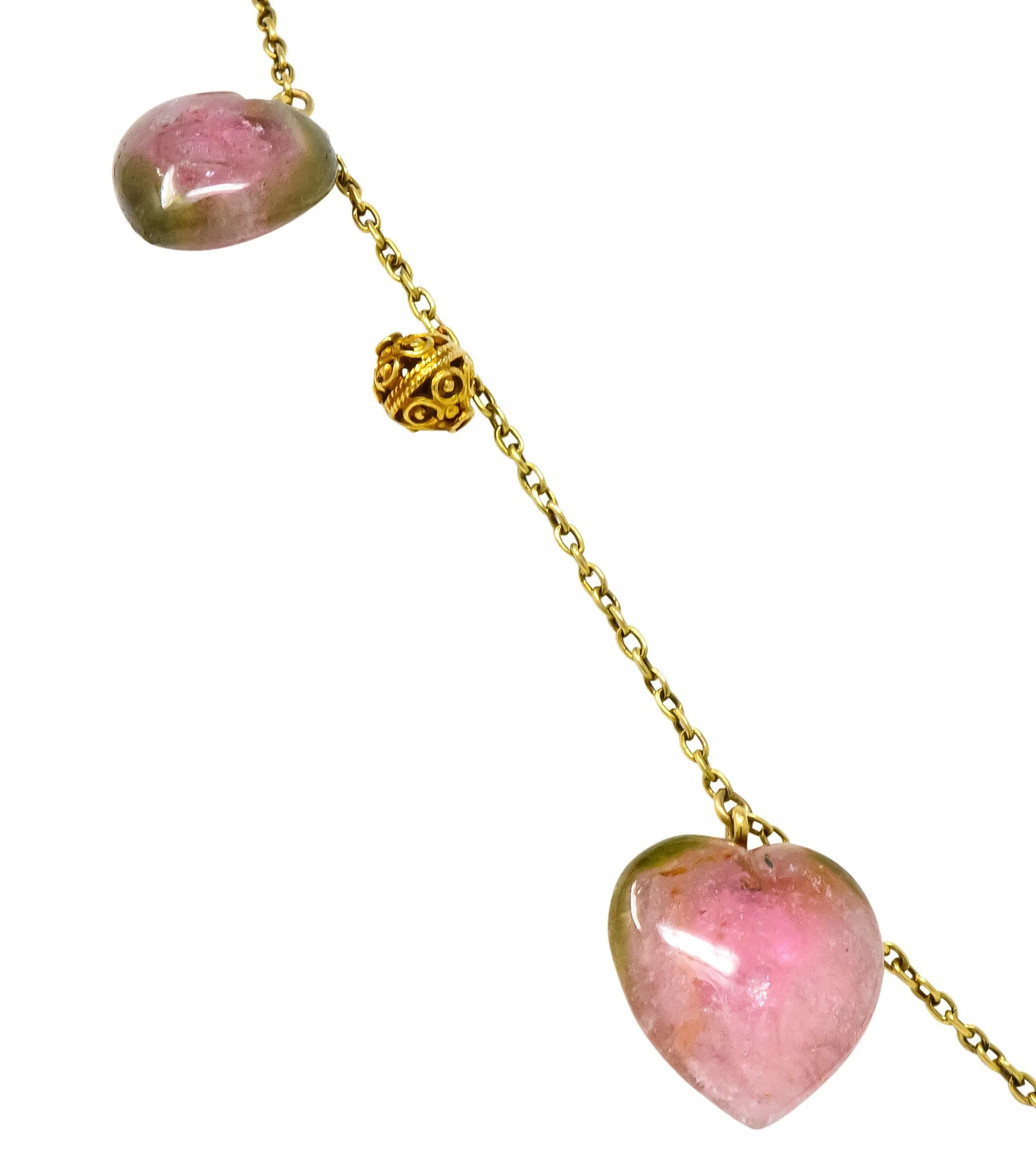 Victorian Watermelon Tourmaline 14 Karat Gold Heart Station Necklace - Image 4