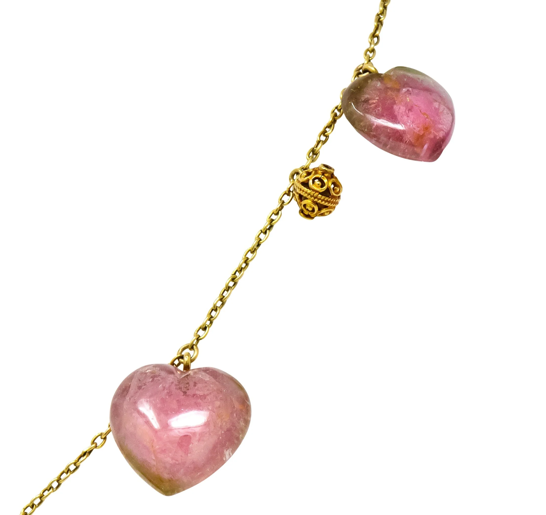 Victorian Watermelon Tourmaline 14 Karat Gold Heart Station Necklace - Image 6