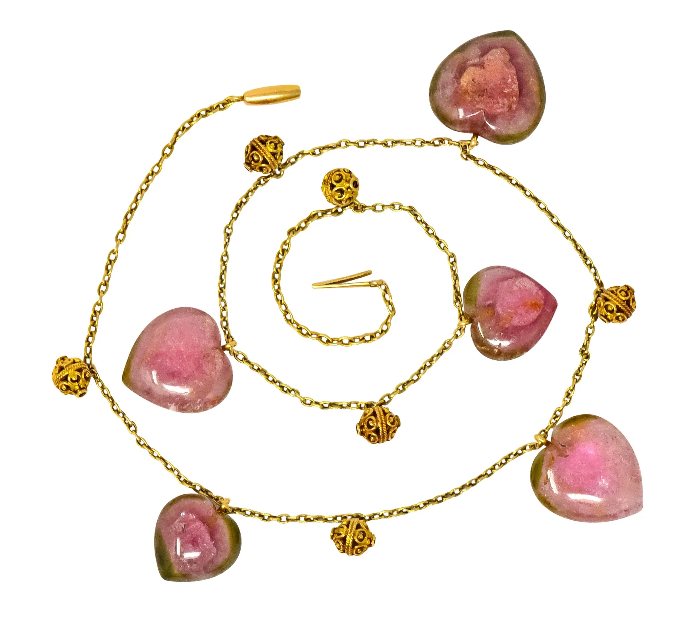 Victorian Watermelon Tourmaline 14 Karat Gold Heart Station Necklace - Image 7