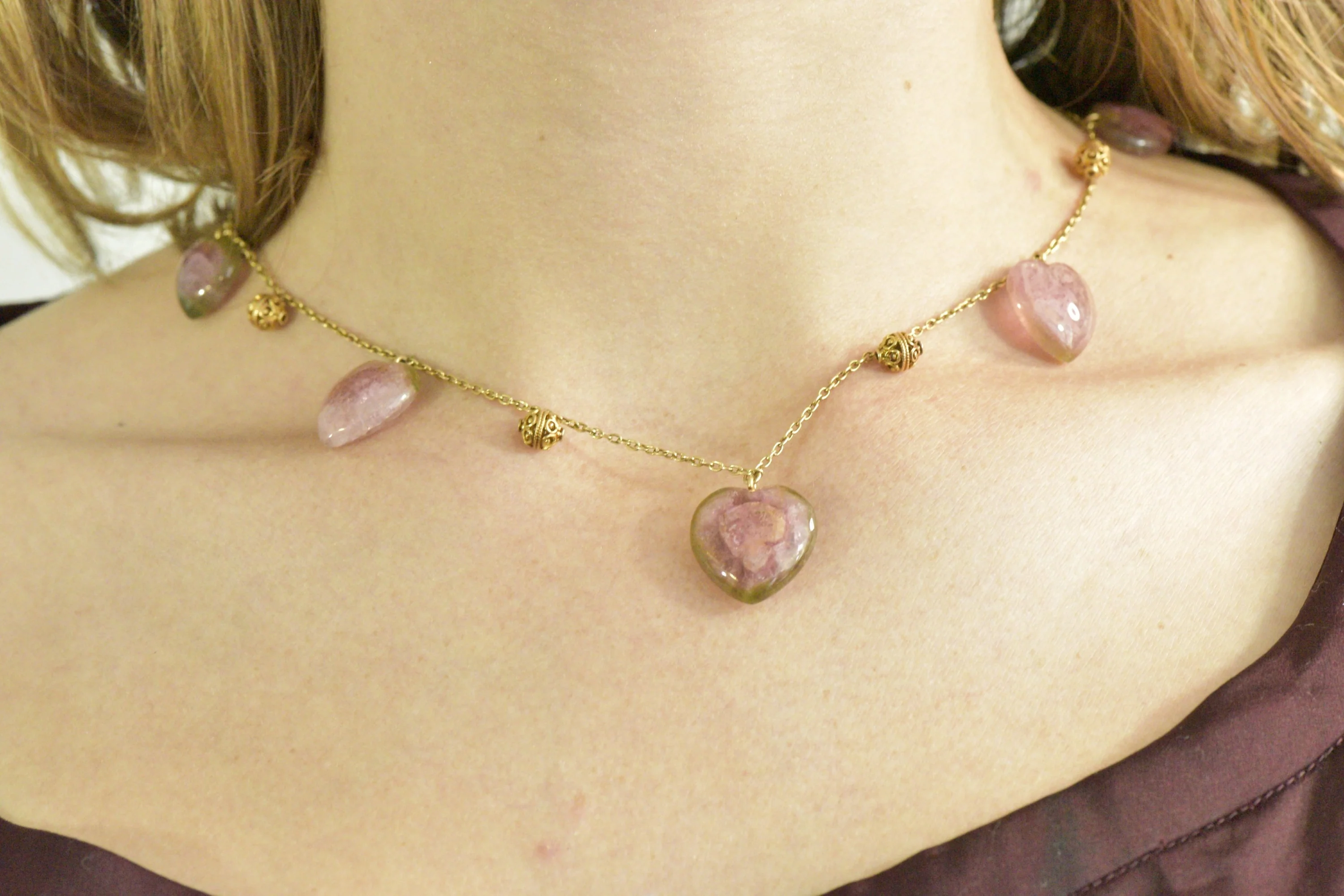 Victorian Watermelon Tourmaline 14 Karat Gold Heart Station Necklace - Image 8