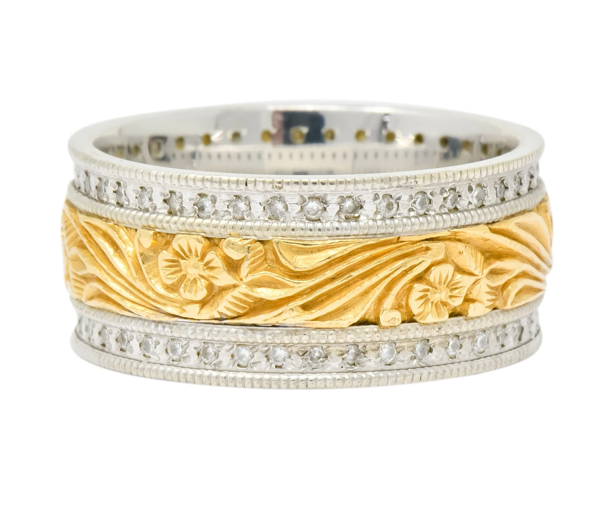Vintage 0.40 CTW Diamond 14 Karat Two-Tone Gold Floral Band Ring - Image 3
