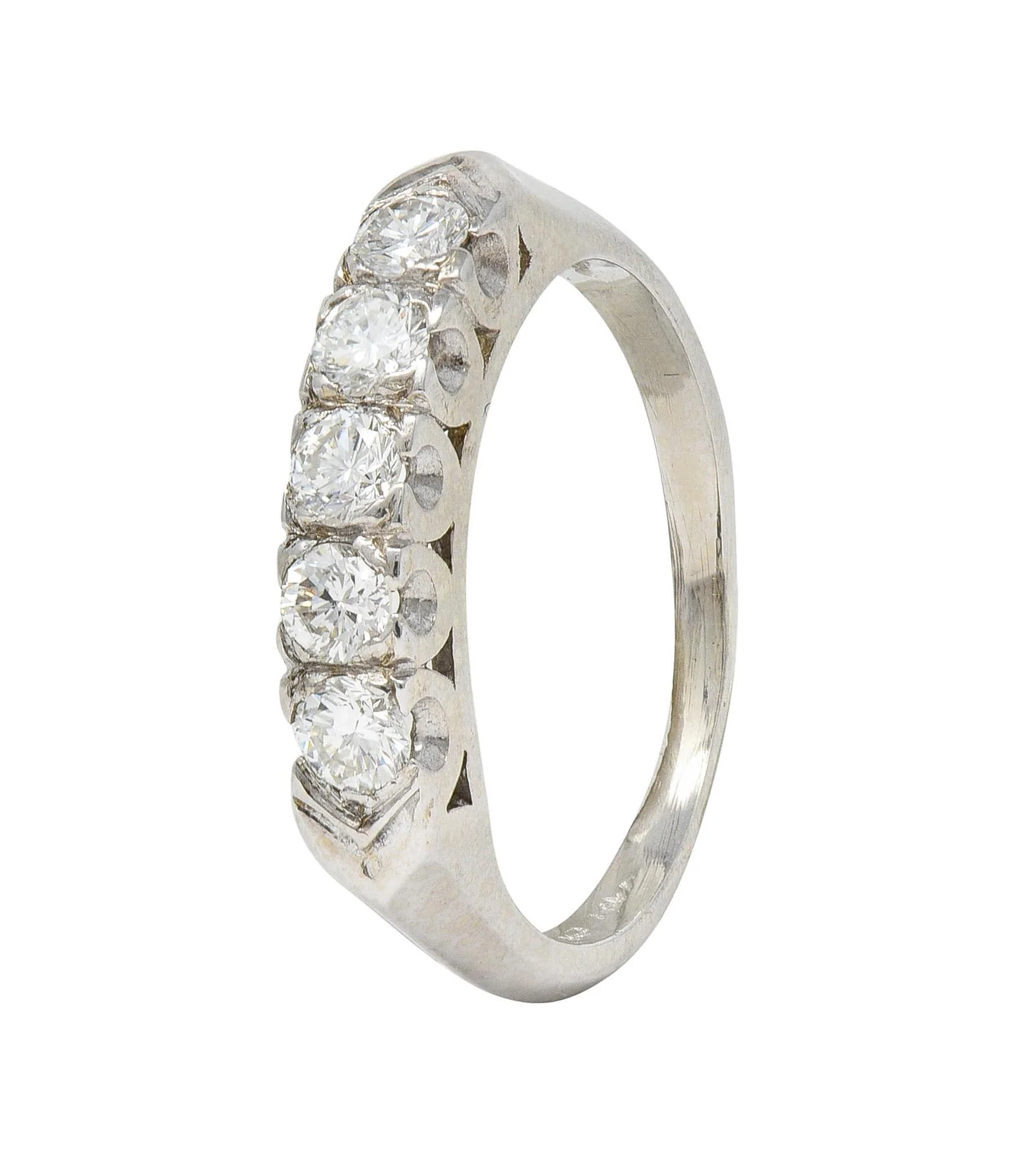 Vintage 0.55 CTW Round Brilliant Cut Diamond 14 Karat White Gold Fishtail Wedding Band Ring - Image 3