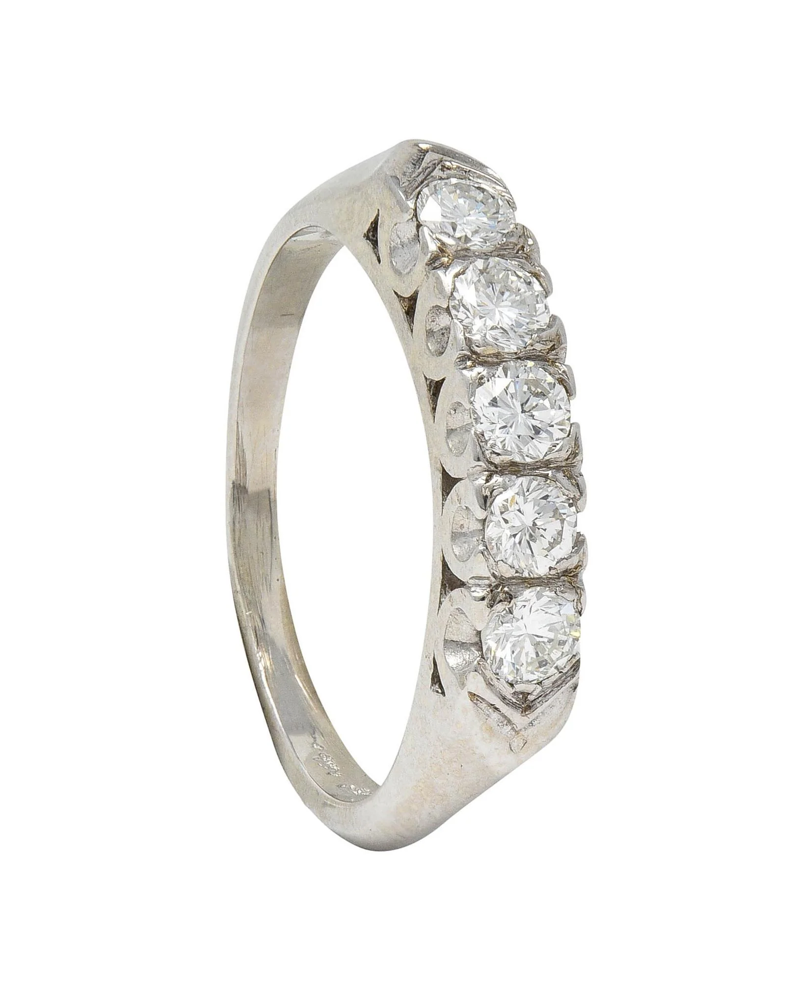 Vintage 0.55 CTW Round Brilliant Cut Diamond 14 Karat White Gold Fishtail Wedding Band Ring - Image 9