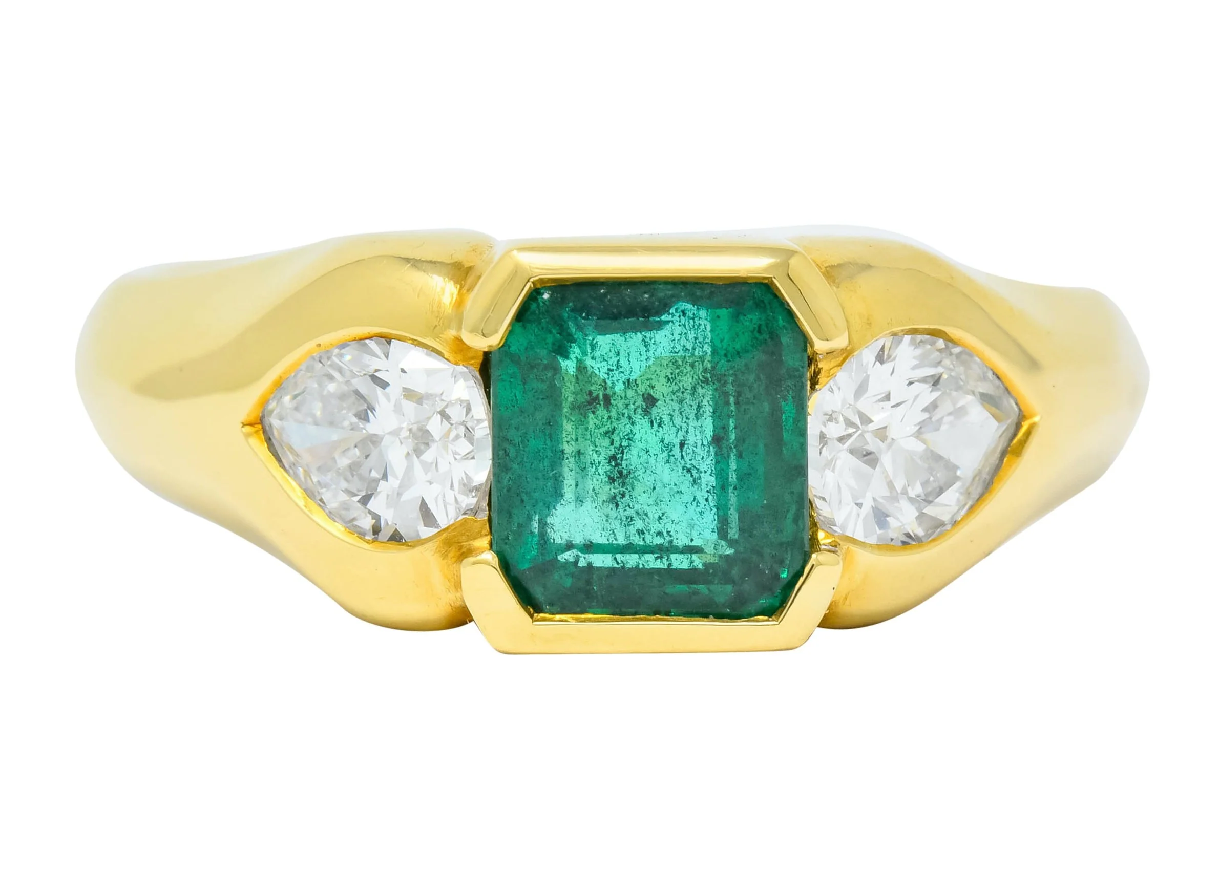 Vintage 1.90 CTW Emerald Diamond 18 Karat Gold Three Stone Ring