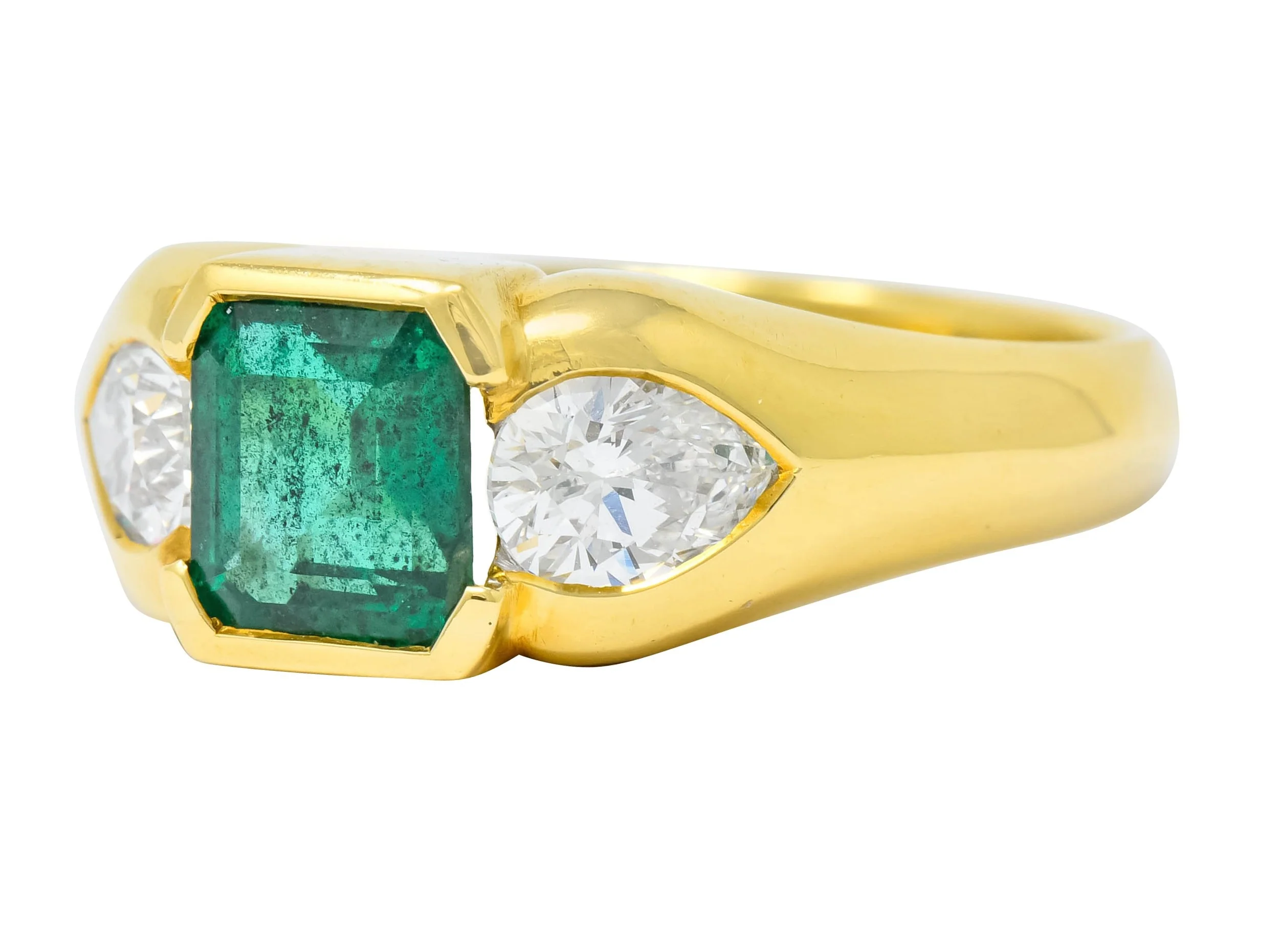Vintage 1.90 CTW Emerald Diamond 18 Karat Gold Three Stone Ring - Image 6