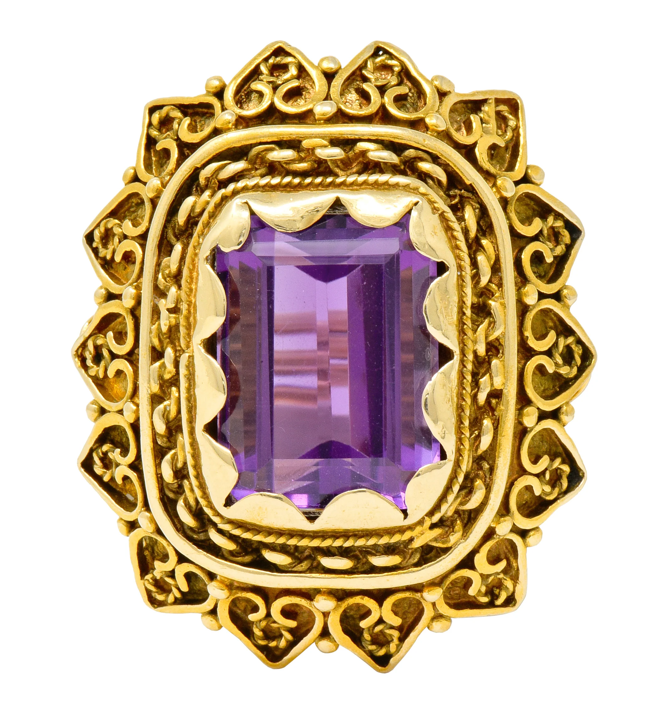 Vintage 13.64 CTW Emerald Cut Amethyst 14 Karat Gold Cocktail Ring