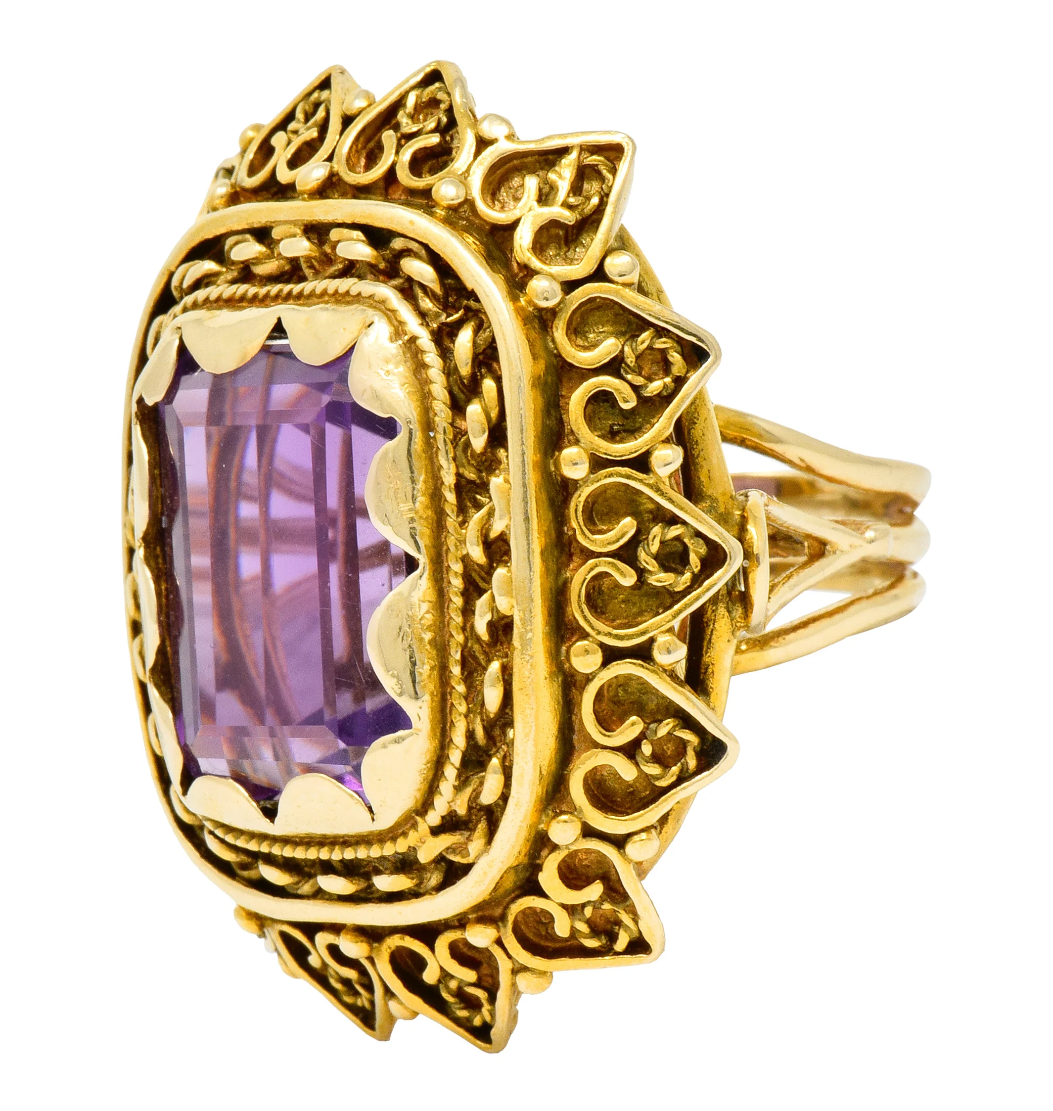 Vintage 13.64 CTW Emerald Cut Amethyst 14 Karat Gold Cocktail Ring - Image 6