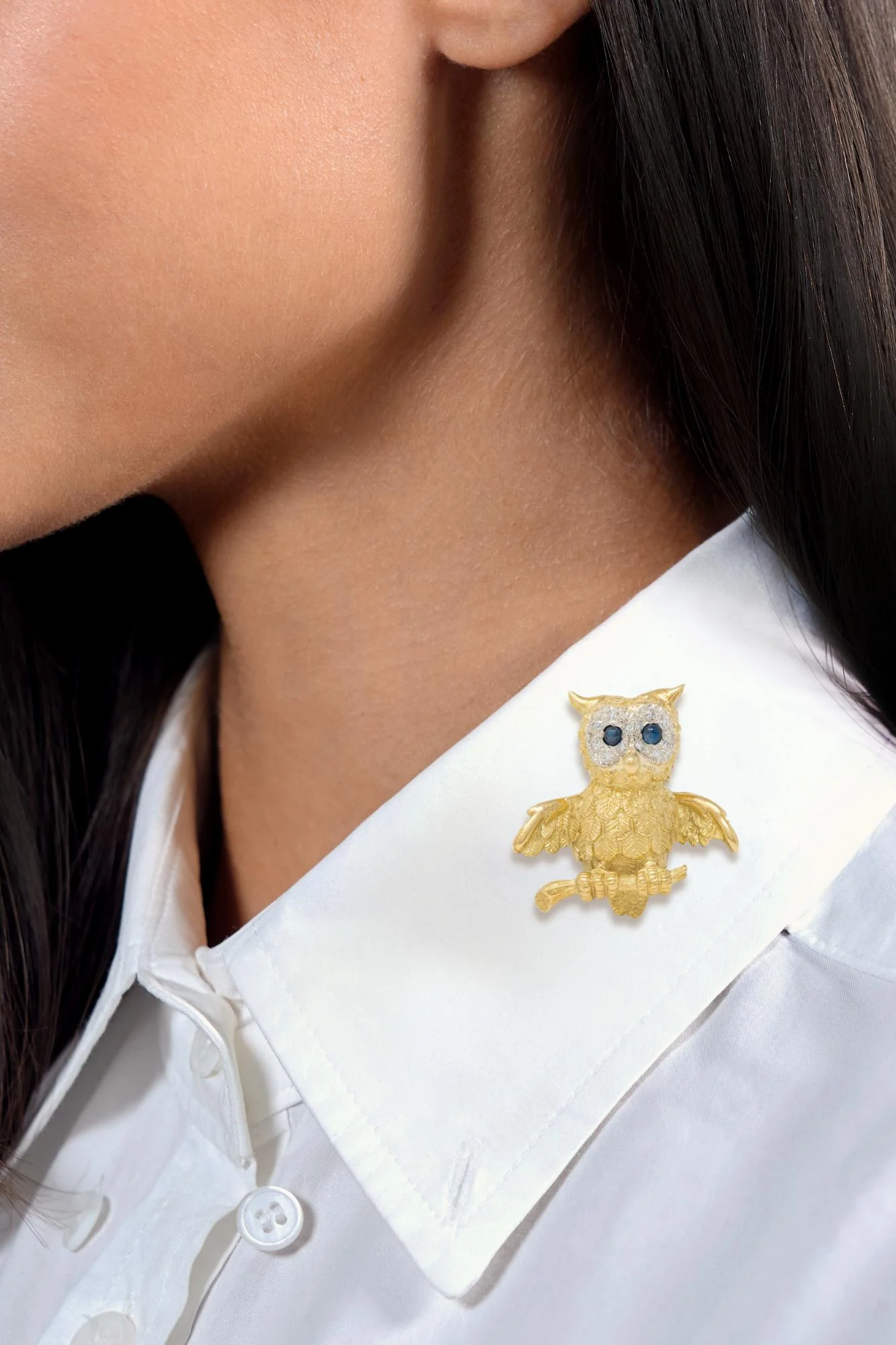 Vintage 18 Karat Yellow Gold Sapphire Diamond Whimsical Owl Bird Brooch - Image 2