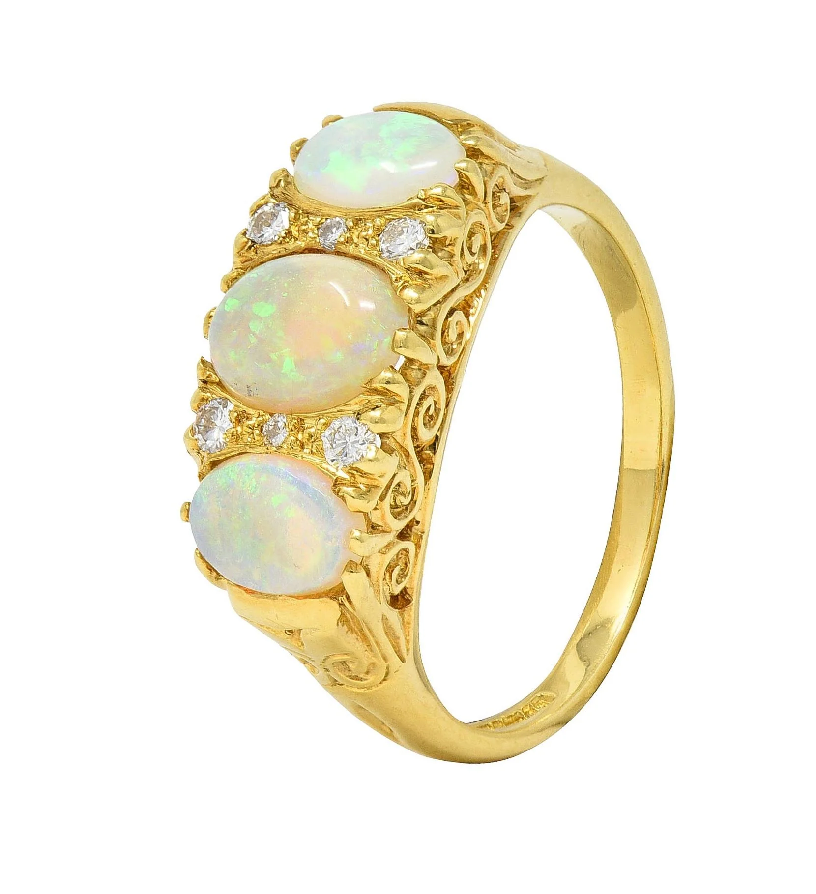 Vintage 1998 Opal Diamond 18 Karat Gold Scrolling Three Stone Ring - Image 10