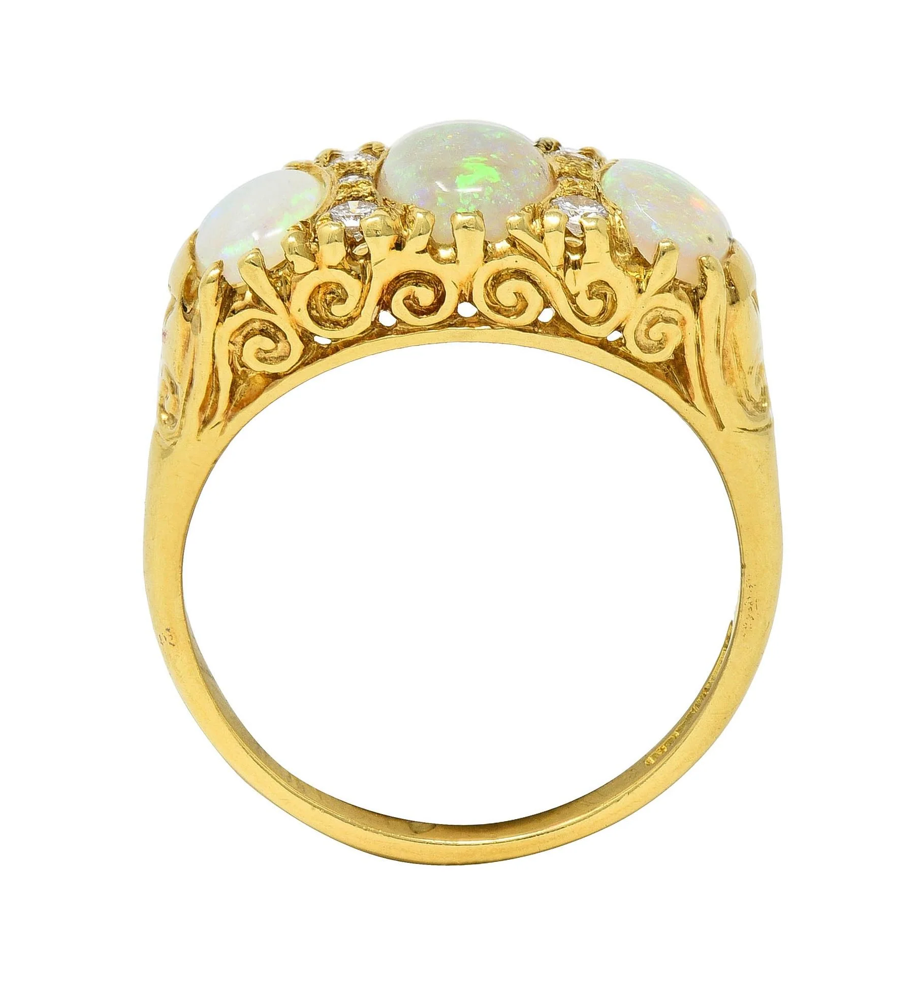 Vintage 1998 Opal Diamond 18 Karat Gold Scrolling Three Stone Ring - Image 11