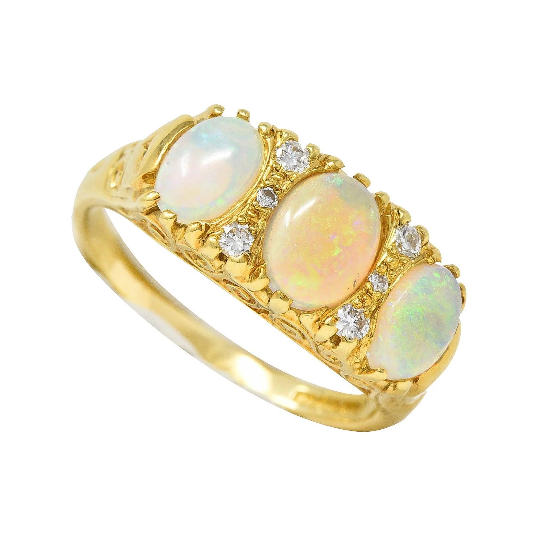 Vintage 1998 Opal Diamond 18 Karat Gold Scrolling Three Stone Ring - Image 12