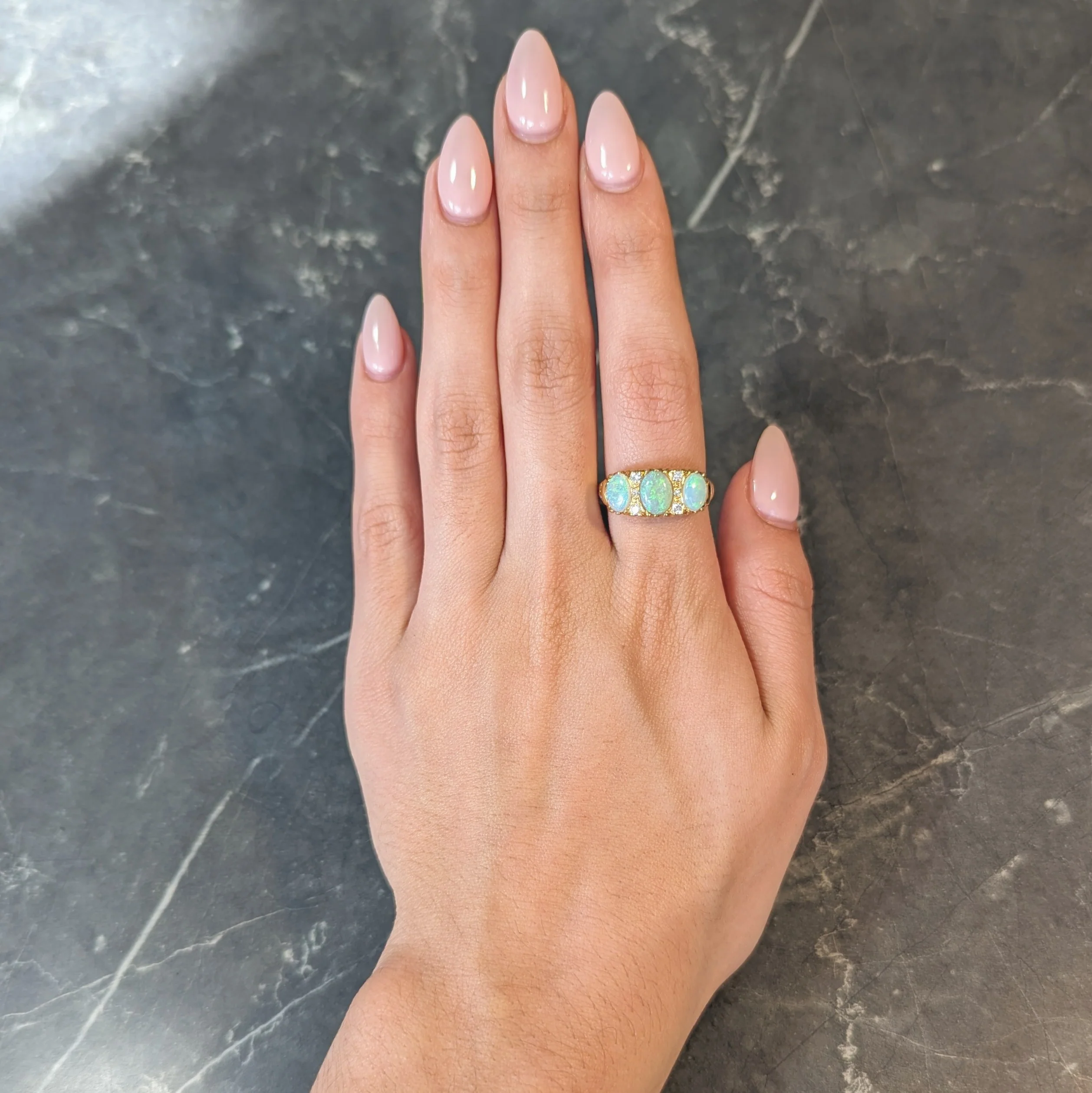 Vintage 1998 Opal Diamond 18 Karat Gold Scrolling Three Stone Ring - Image 14