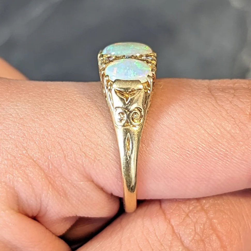Vintage 1998 Opal Diamond 18 Karat Gold Scrolling Three Stone Ring - Image 16