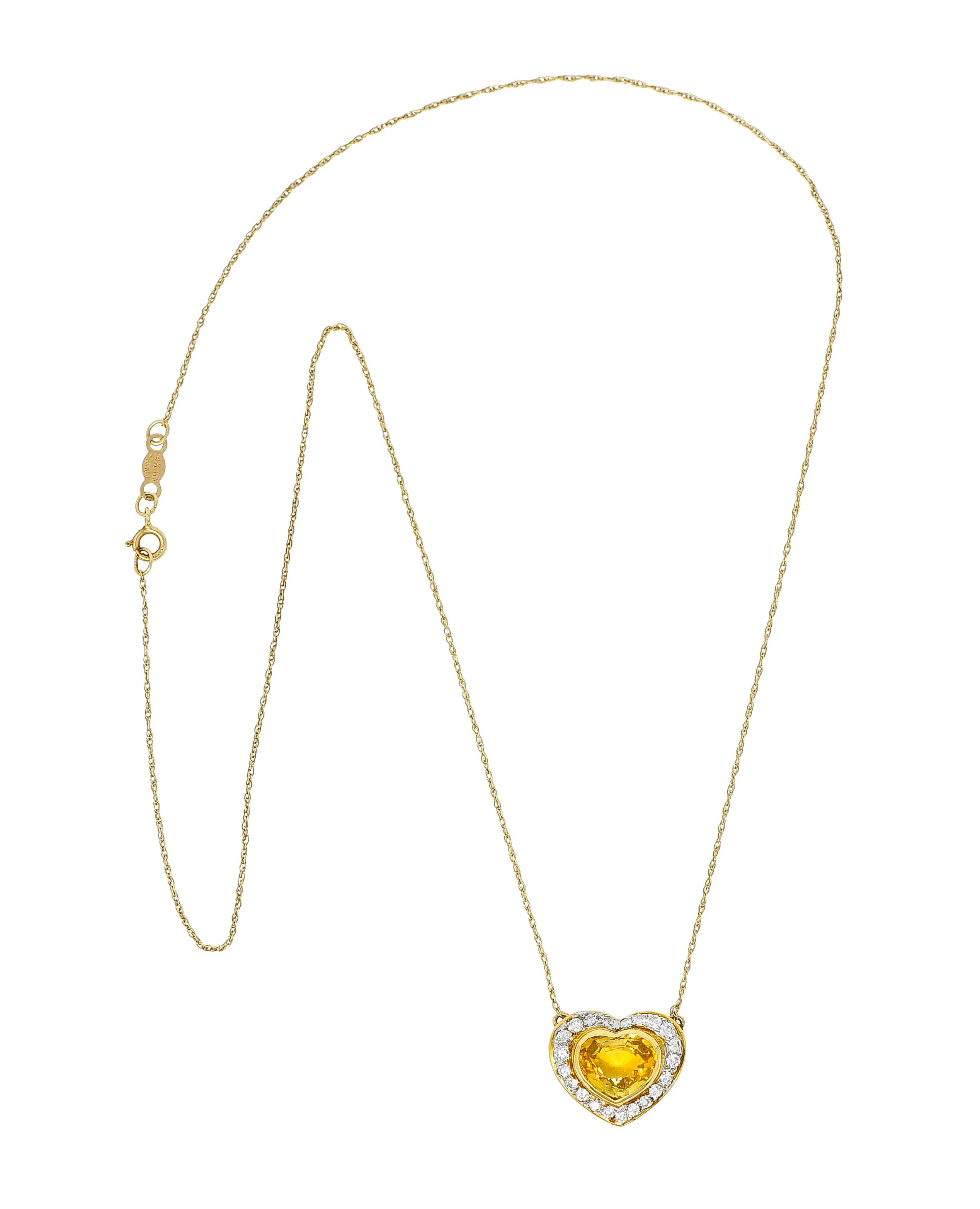 Vintage 2.00 CTW Yellow Sapphire Diamond 14 Karat Two-Tone Gold Heart Necklace - Image 2