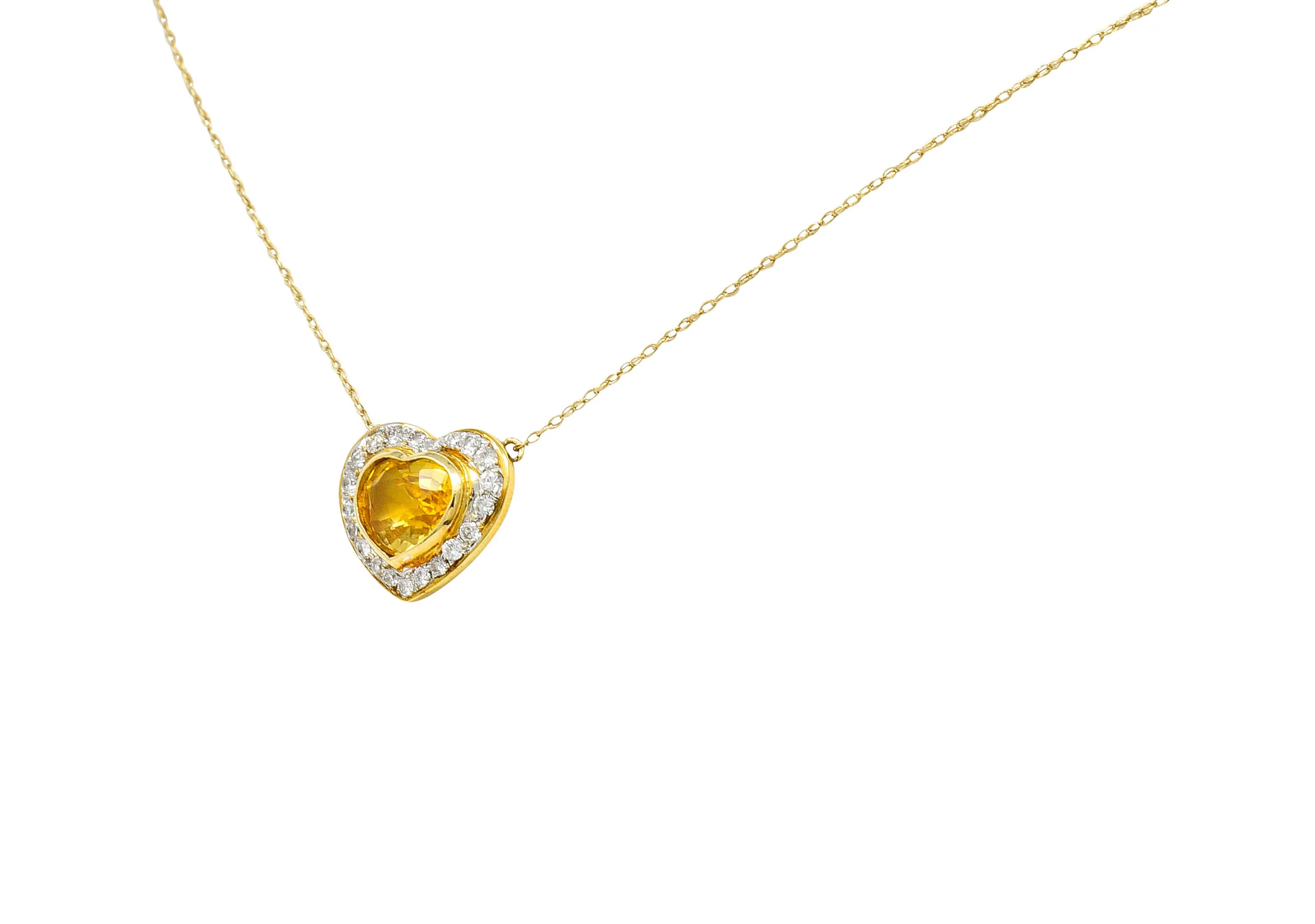 Vintage 2.00 CTW Yellow Sapphire Diamond 14 Karat Two-Tone Gold Heart Necklace - Image 3