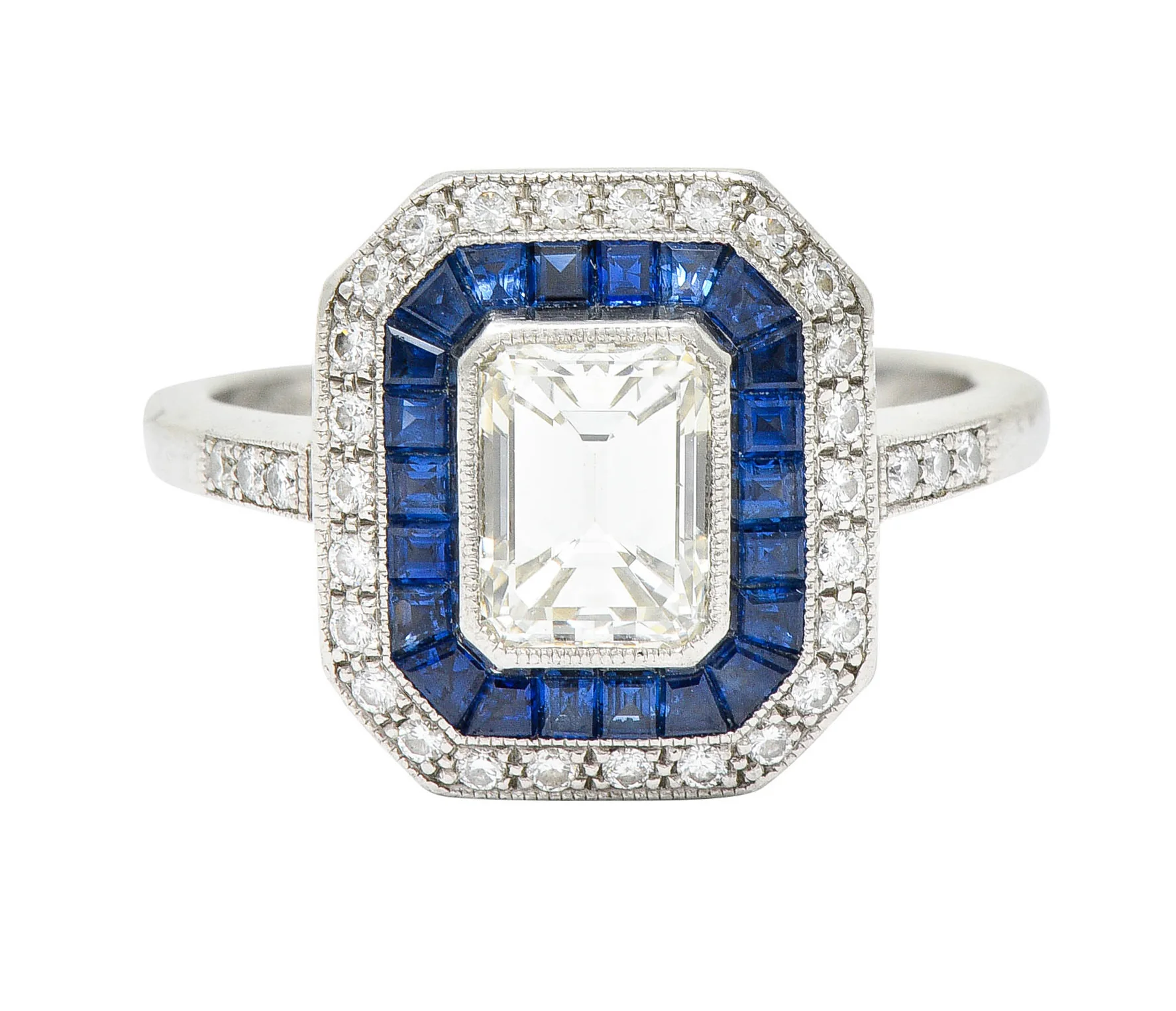 Vintage 2.20 CTW Emerald Cut Diamond Sapphire Platinum Halo Engagement Ring