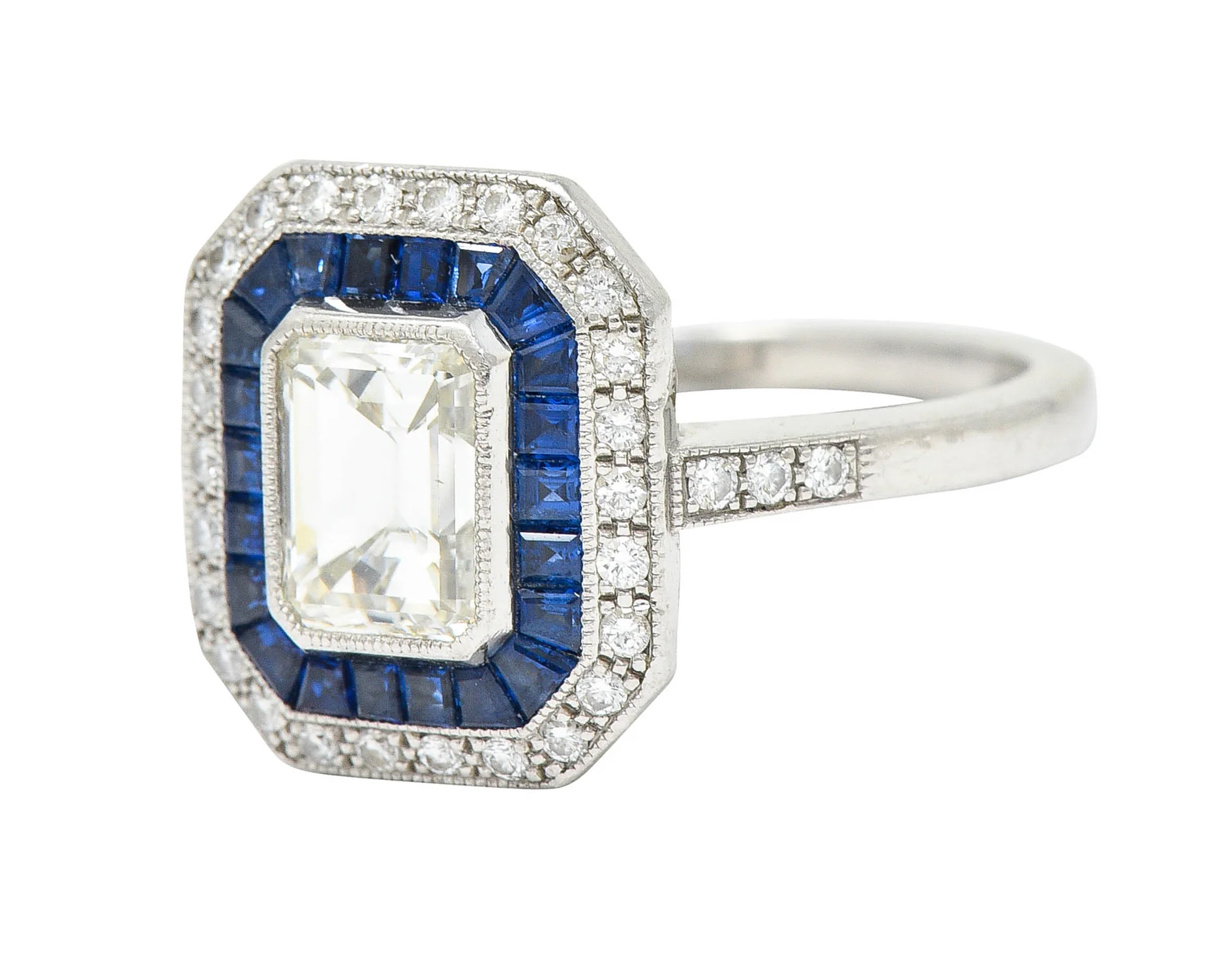 Vintage 2.20 CTW Emerald Cut Diamond Sapphire Platinum Halo Engagement Ring - Image 6