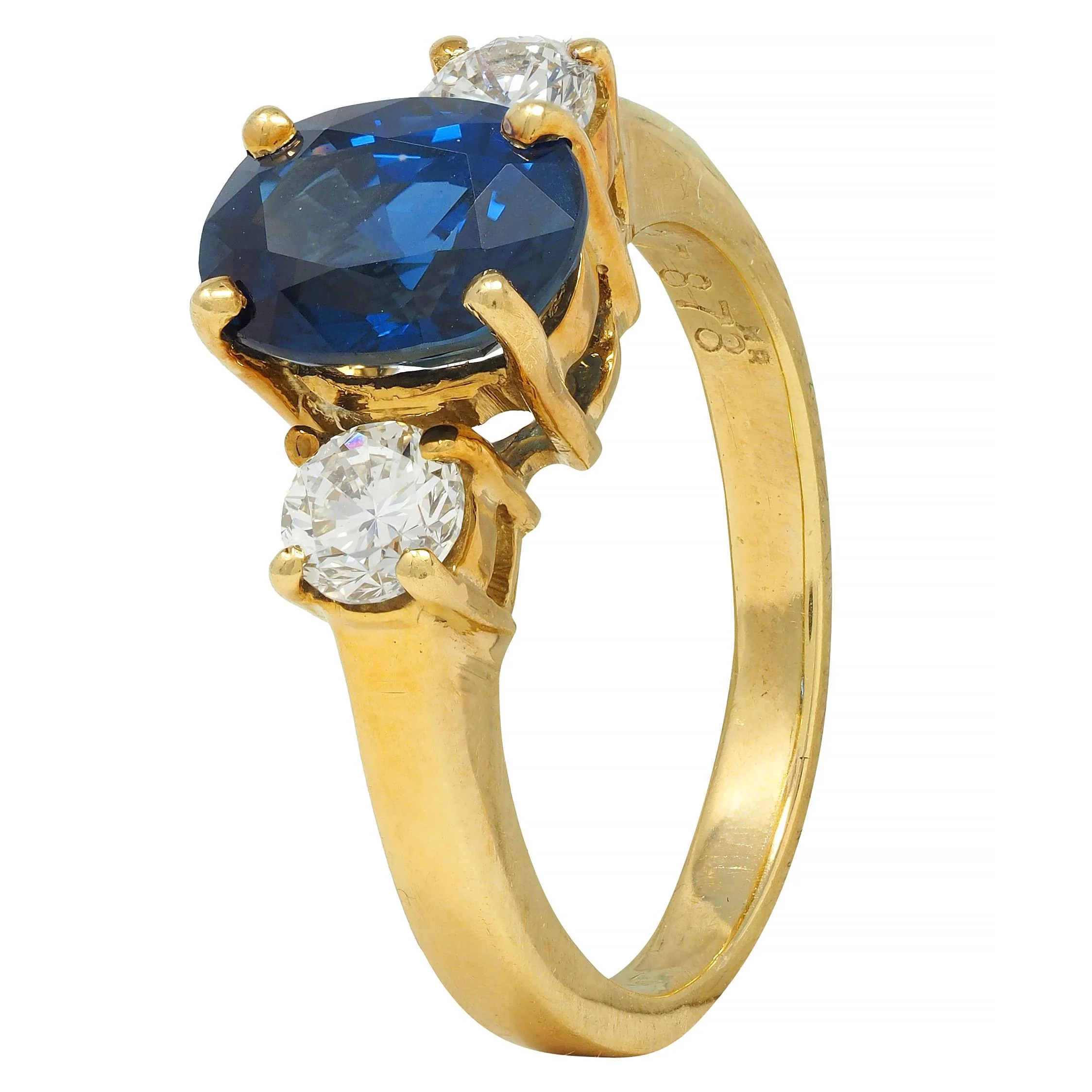 Vintage 2.32 CTW Sapphire Diamond 18 Karat Yellow Gold Three Stone Ring GIA - Image 10
