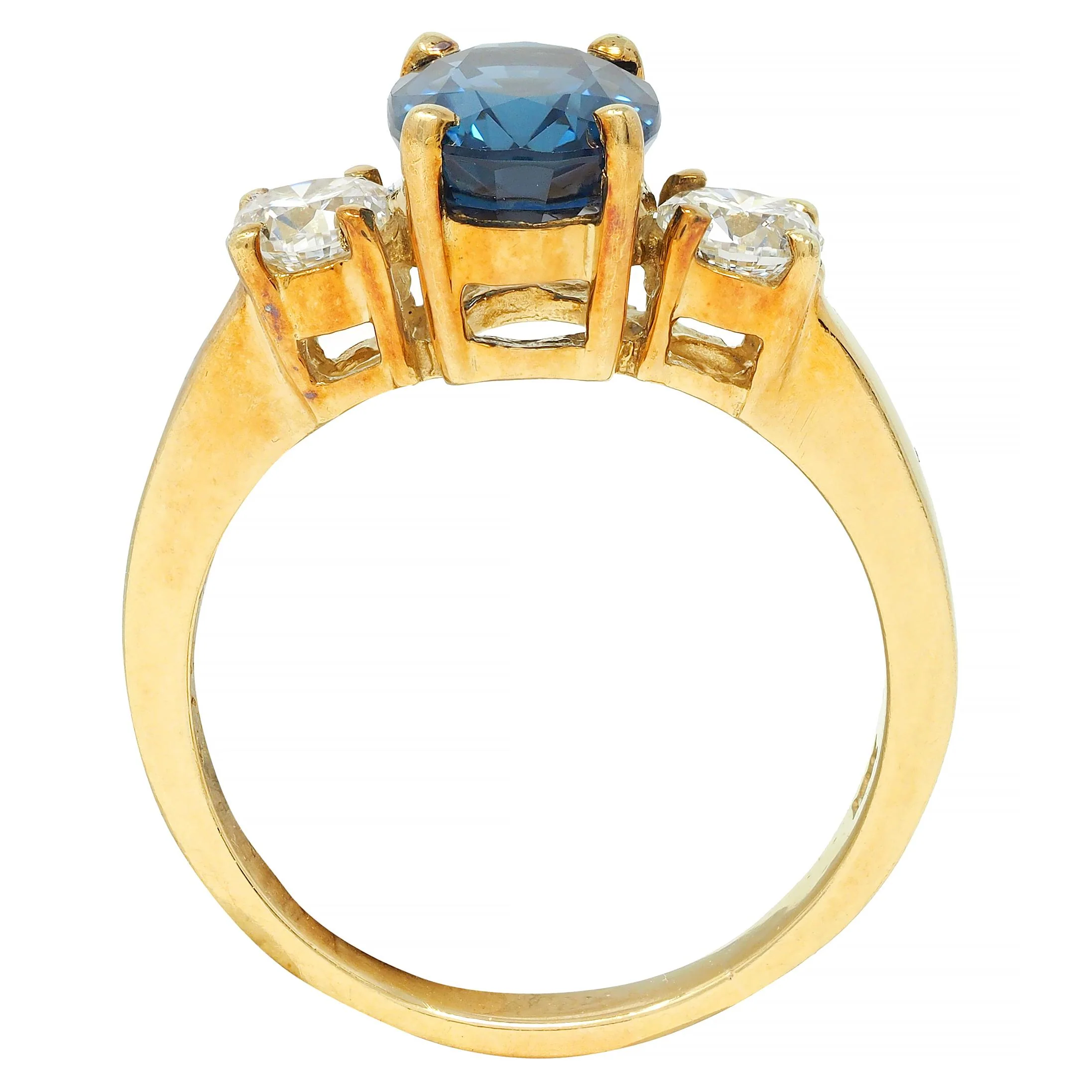 Vintage 2.32 CTW Sapphire Diamond 18 Karat Yellow Gold Three Stone Ring GIA - Image 11
