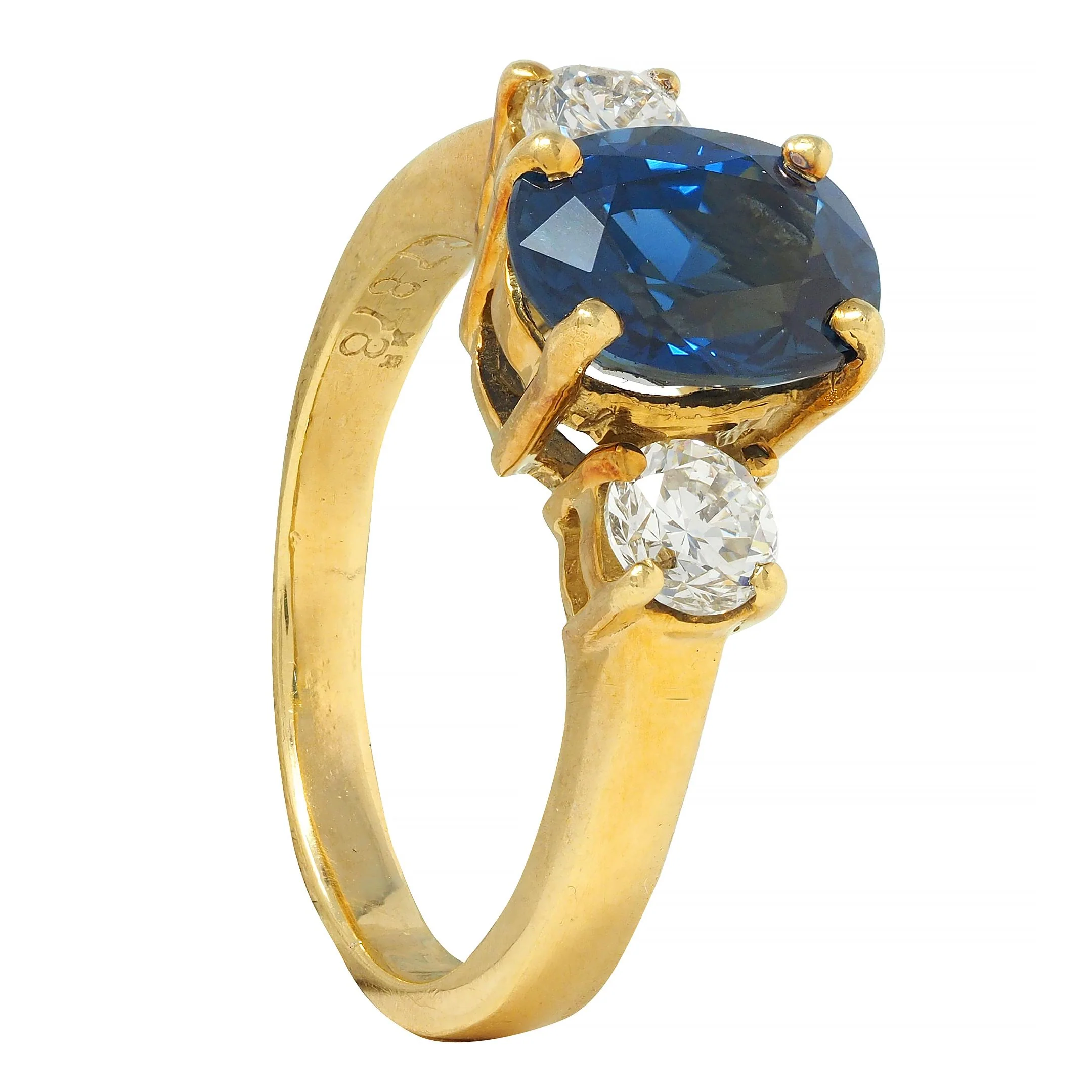 Vintage 2.32 CTW Sapphire Diamond 18 Karat Yellow Gold Three Stone Ring GIA - Image 12