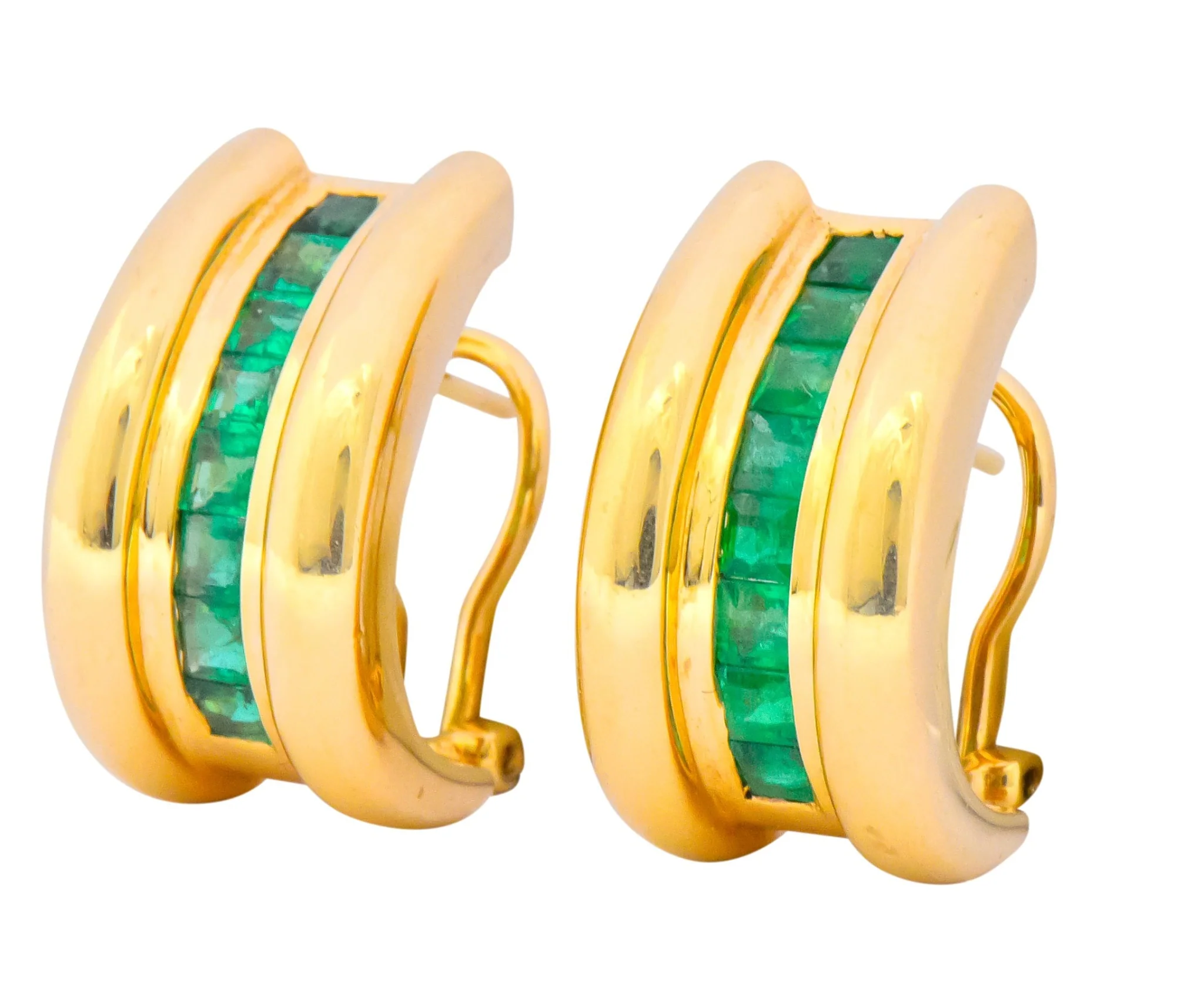 Vintage 2.40 CTW Emerald 14 Karat Yellow Gold J Hoop Earrings - Image 2