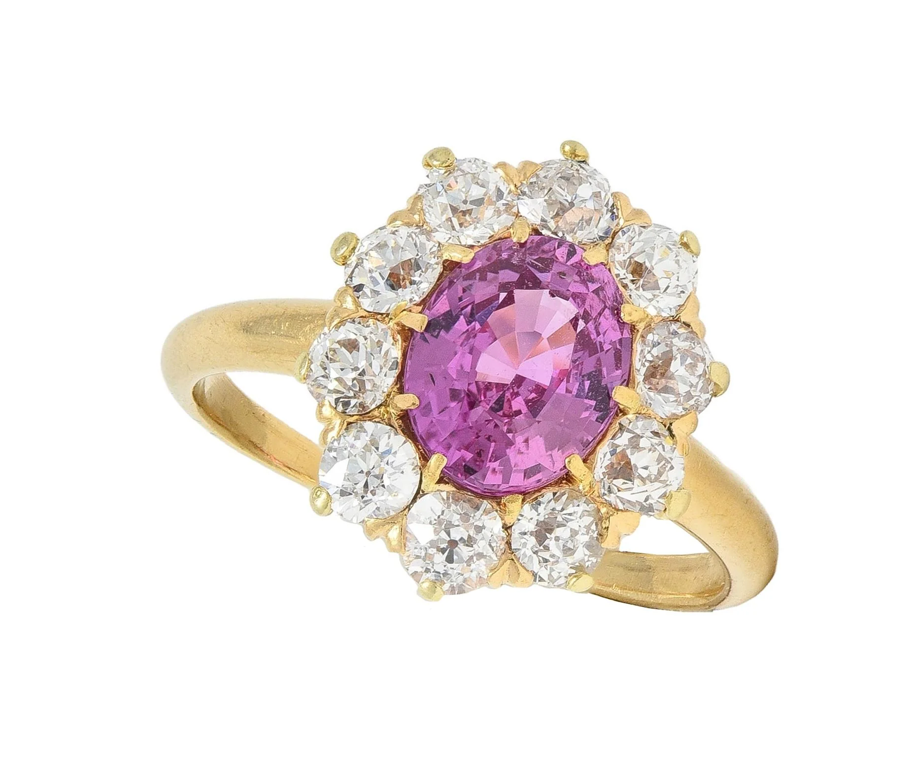 Vintage 2.46 CTW No Heat Pink Sapphire Diamond 14 Karat Yellow Gold Halo Ring GIA - Image 10