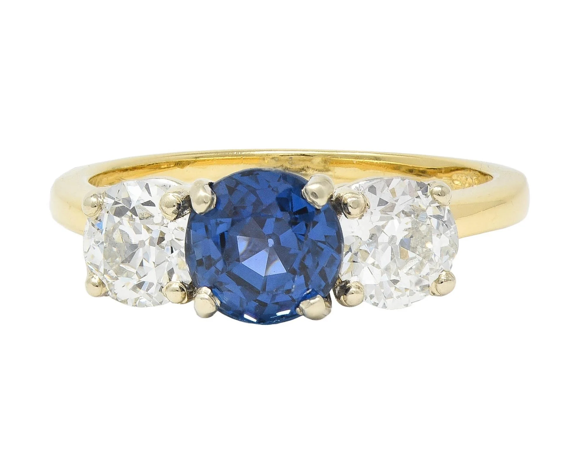 Vintage 2.59 CTW No Heat Yogo Sapphire Diamond 14 Karat Two-Tone Gold Three Stone GIA