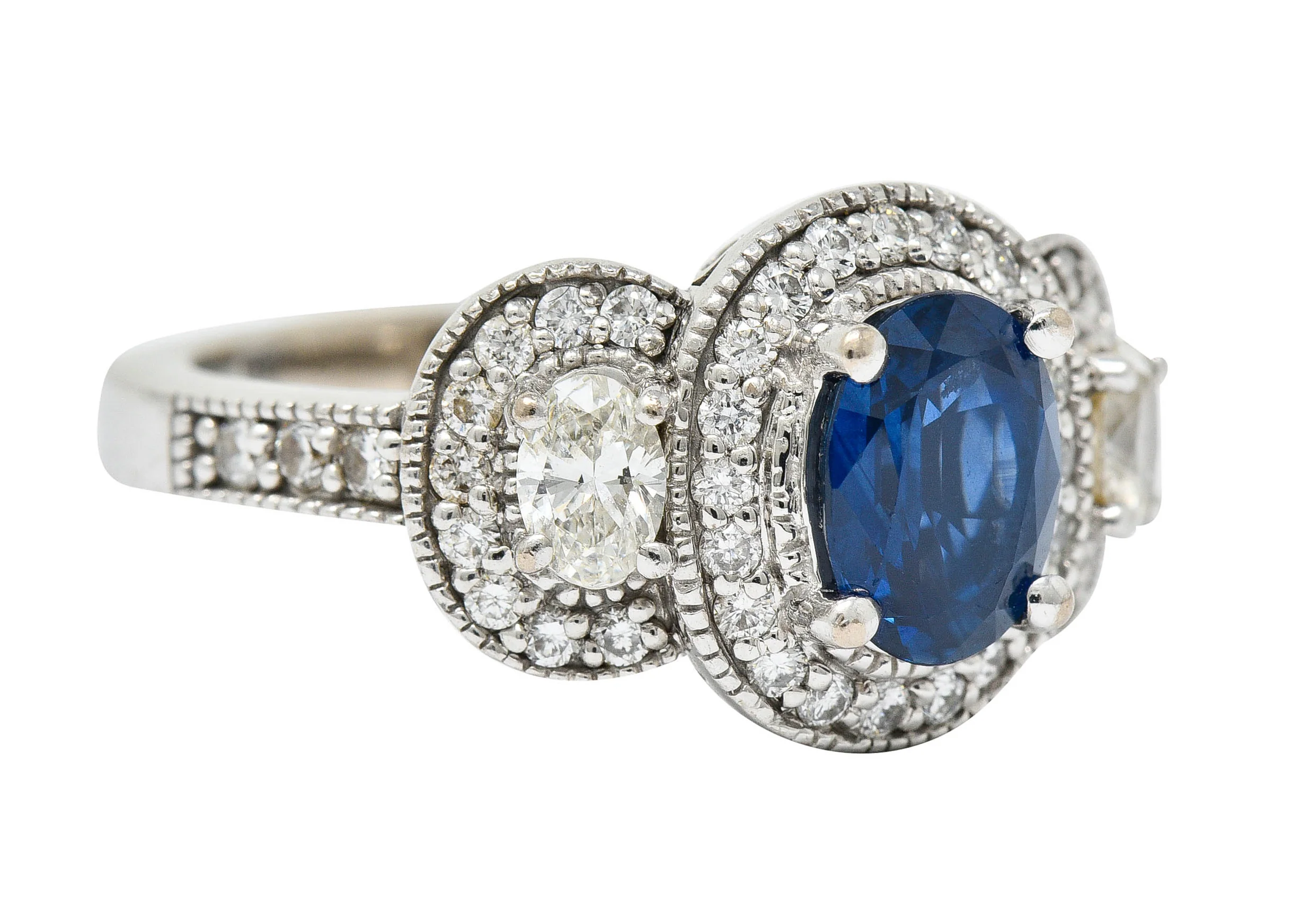 Vintage 2.70 CTW Sapphire Diamond 18 Karat White Gold Triple Cluster Ring - Image 2