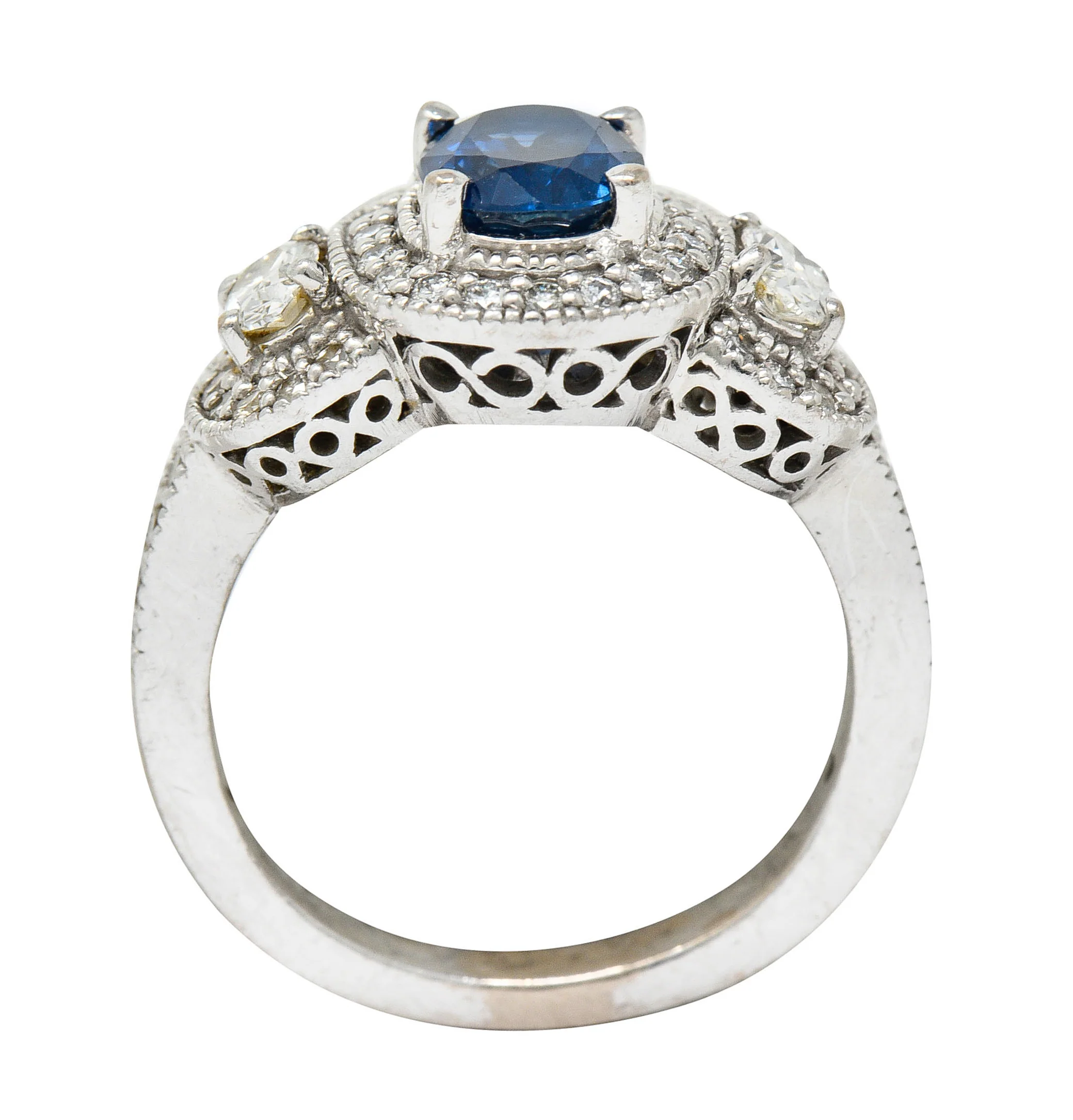 Vintage 2.70 CTW Sapphire Diamond 18 Karat White Gold Triple Cluster Ring - Image 7