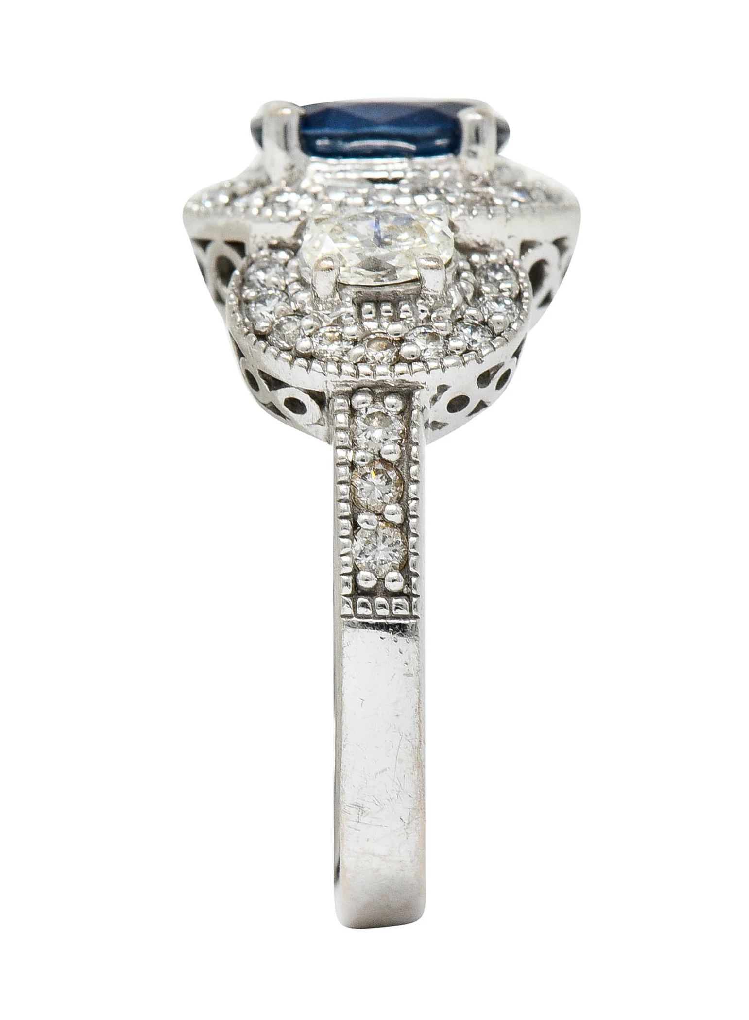 Vintage 2.70 CTW Sapphire Diamond 18 Karat White Gold Triple Cluster Ring - Image 9