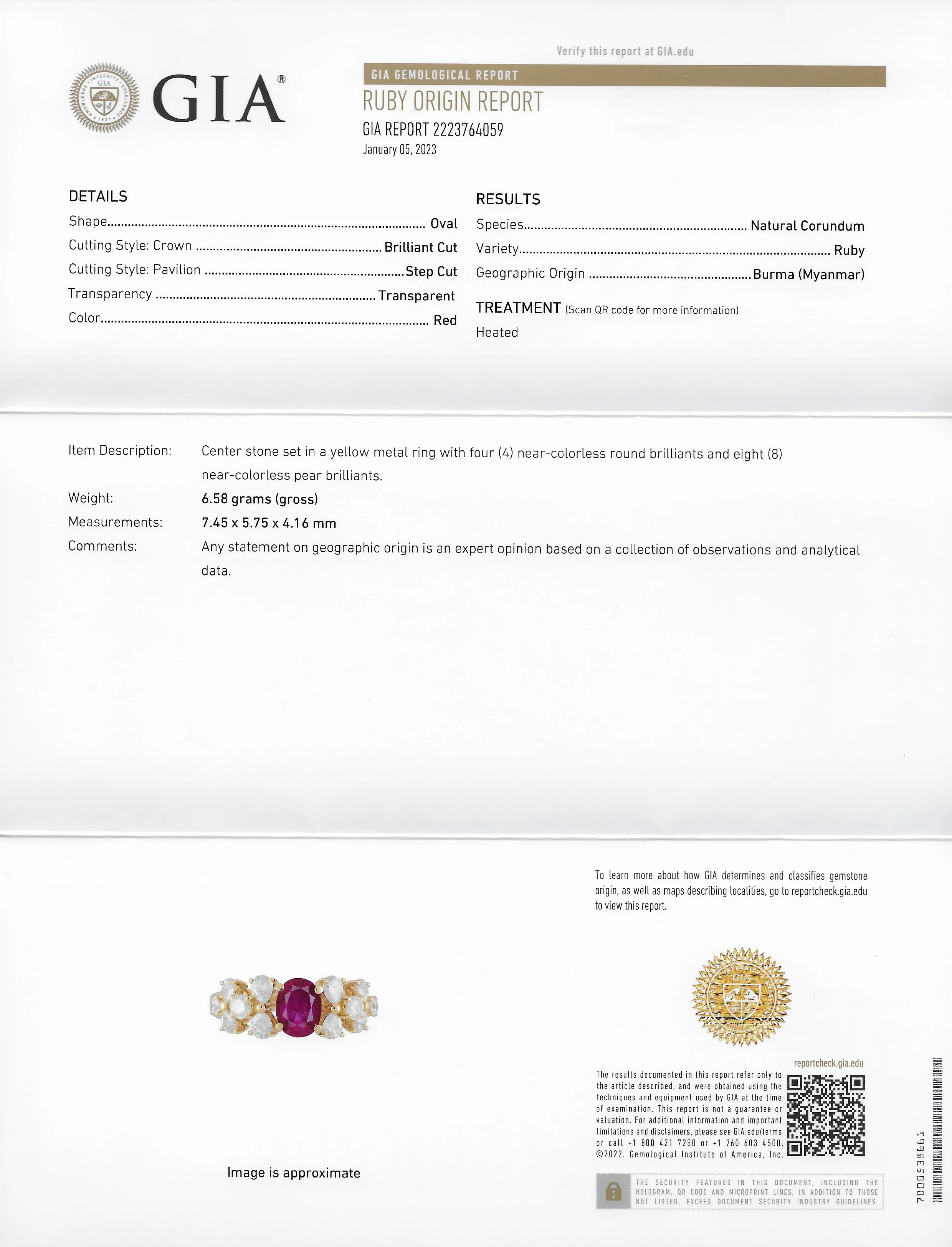 Vintage 2.77 CTW Oval Cut Burma Ruby Pear Cut Diamond 18 Karat Yellow Gold Cluster Ring GIA - Image 9
