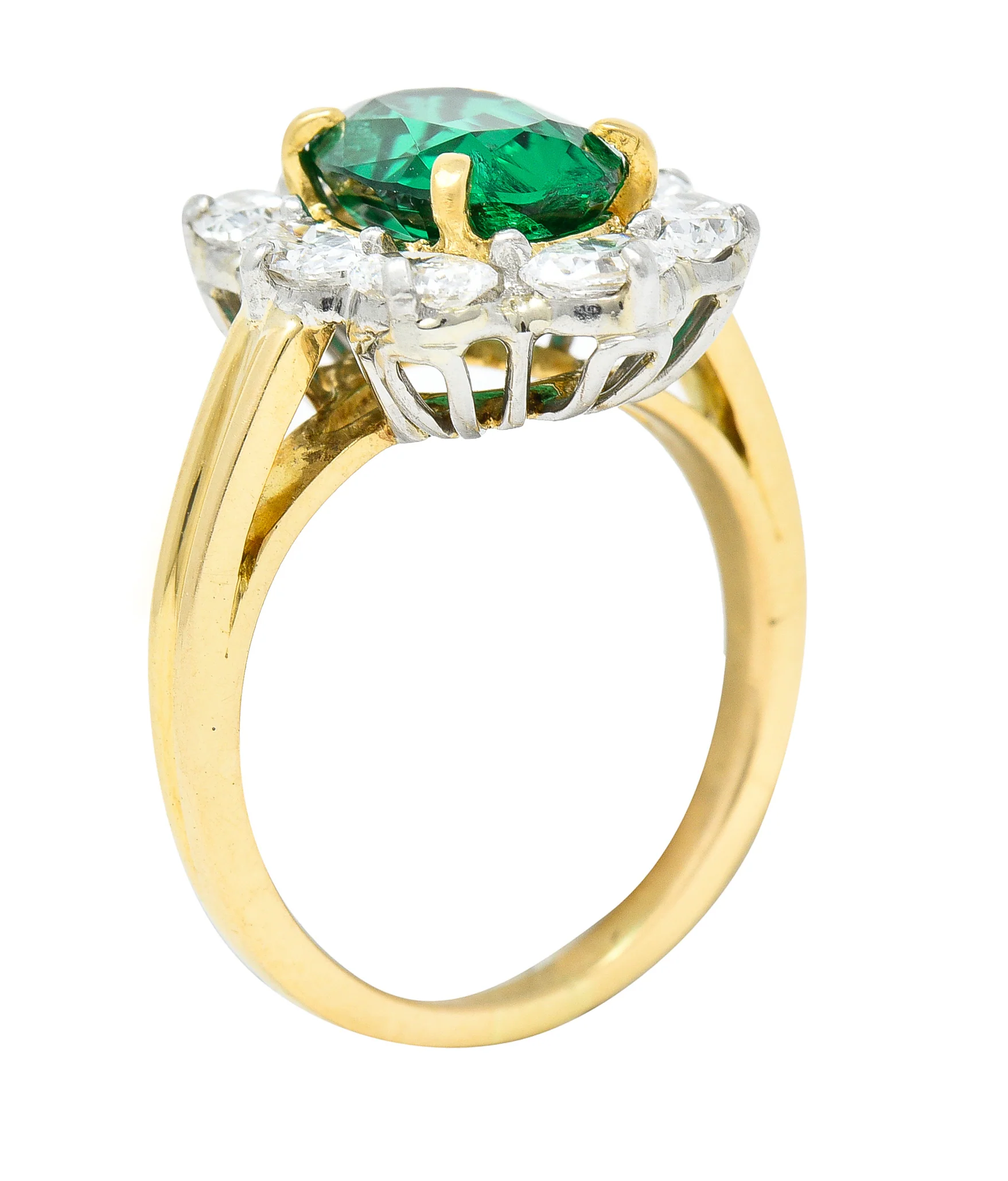 Vintage 2.96 CTW Emerald Oval Cut Diamond Platinum 18 Karat Yellow Gold Halo Ring GIA - Image 10