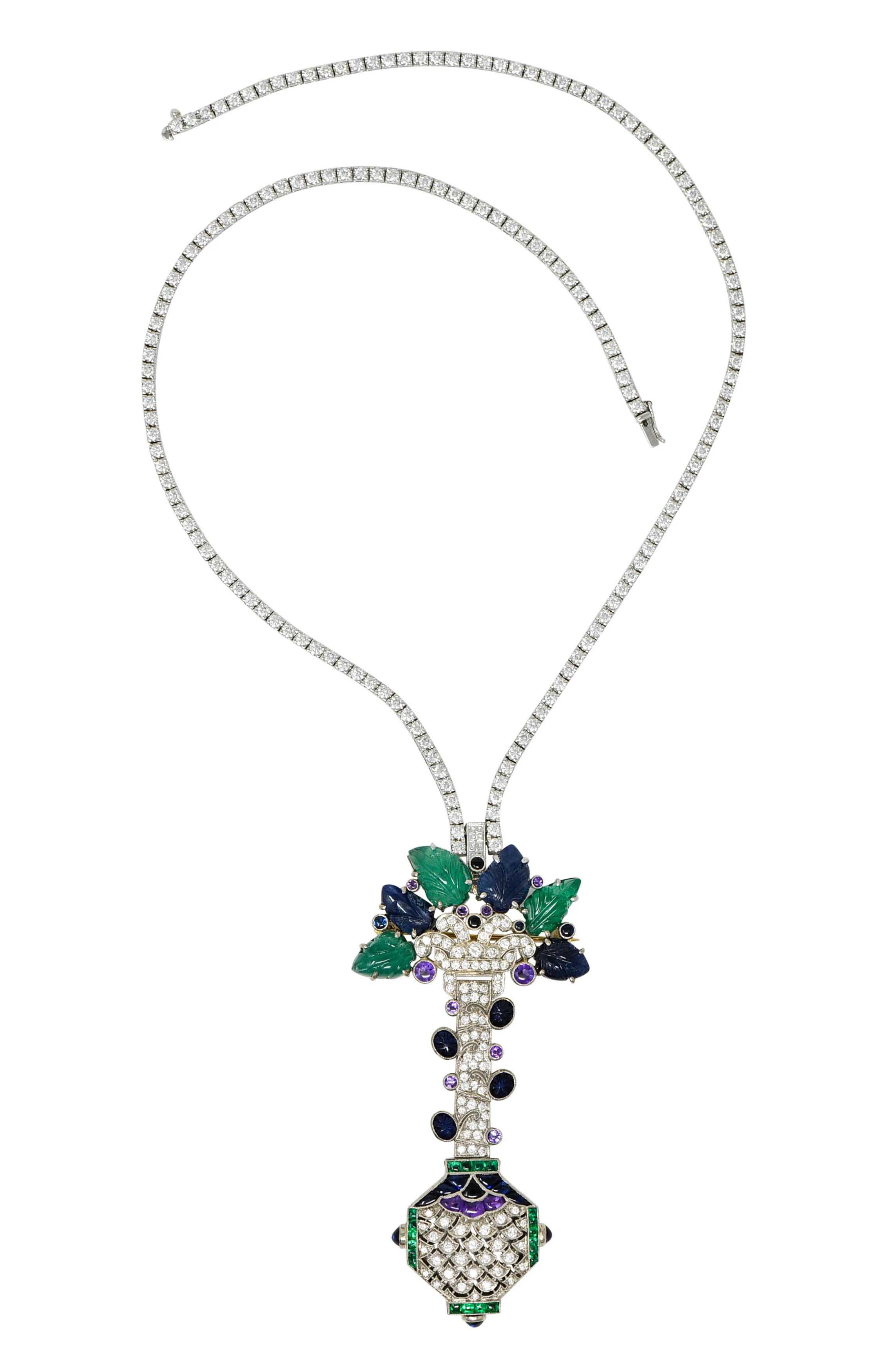 Vintage 27.05 CTW Diamond Sapphire Emerald 18 Karat White Gold Riviera Tutti-Frutti Enhancer Necklace - Image 2