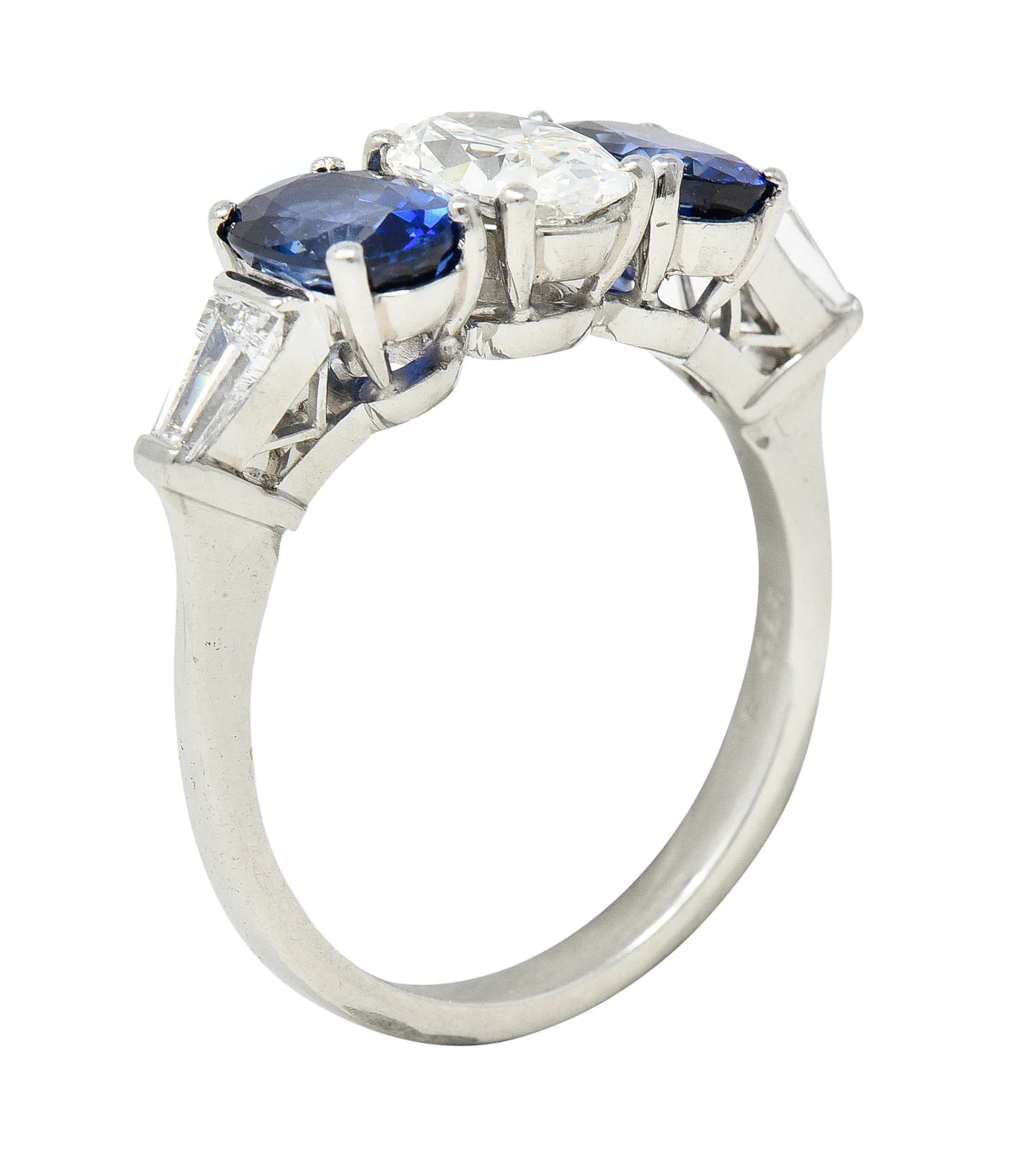 Vintage 3.12 CTW Oval Cut Sapphire Diamond Platinum Three Stone Ring - Image 10