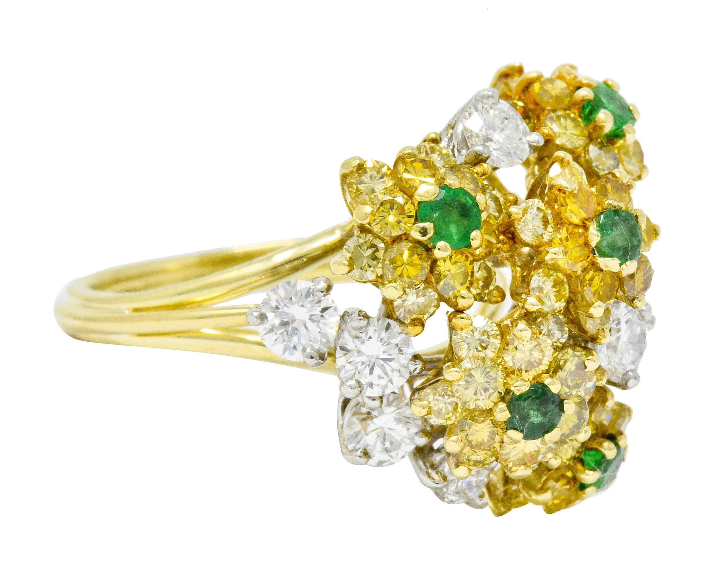 Vintage 3.21 CTW Yellow and White Diamond Emerald 18 Karat Gold Floral Cluster Ring - Image 2
