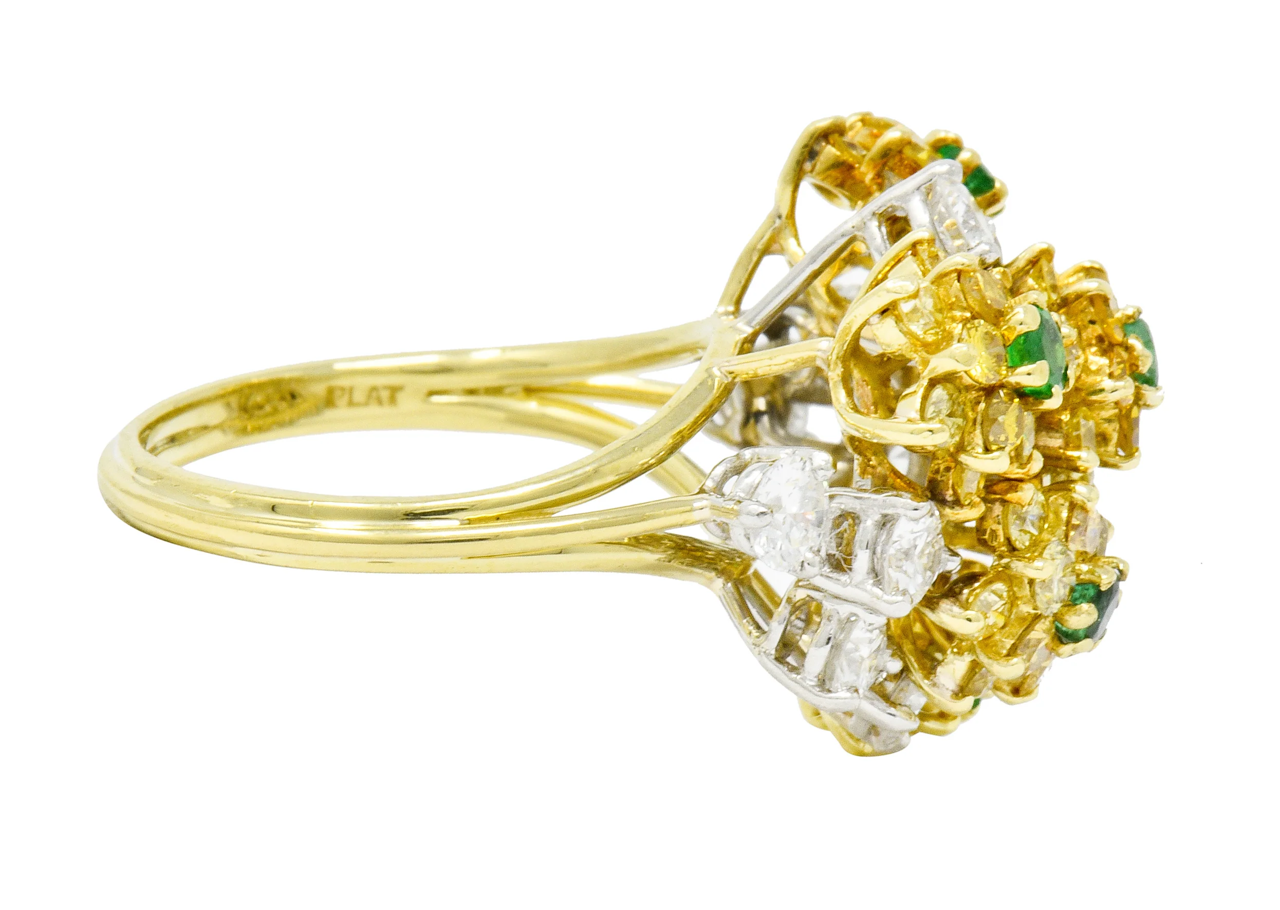 Vintage 3.21 CTW Yellow and White Diamond Emerald 18 Karat Gold Floral Cluster Ring - Image 3
