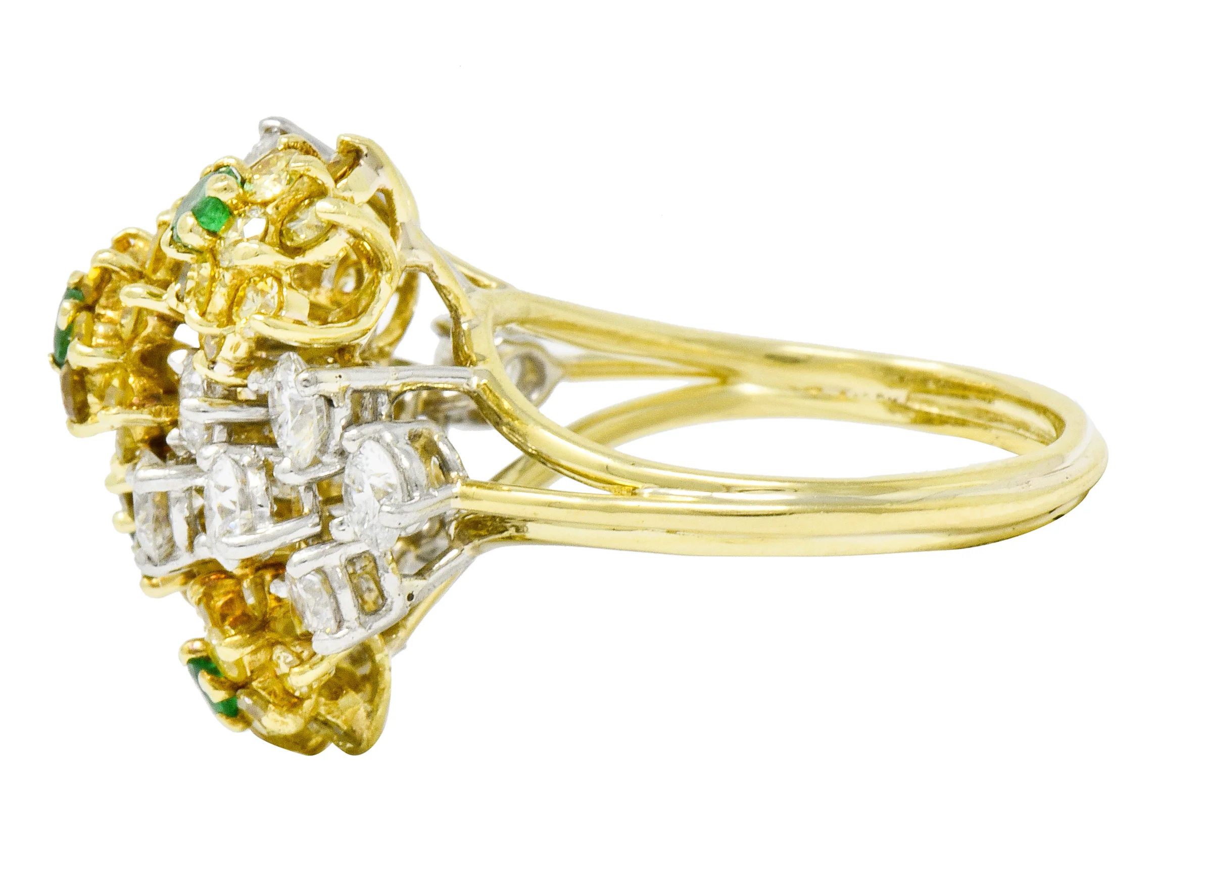 Vintage 3.21 CTW Yellow and White Diamond Emerald 18 Karat Gold Floral Cluster Ring - Image 5