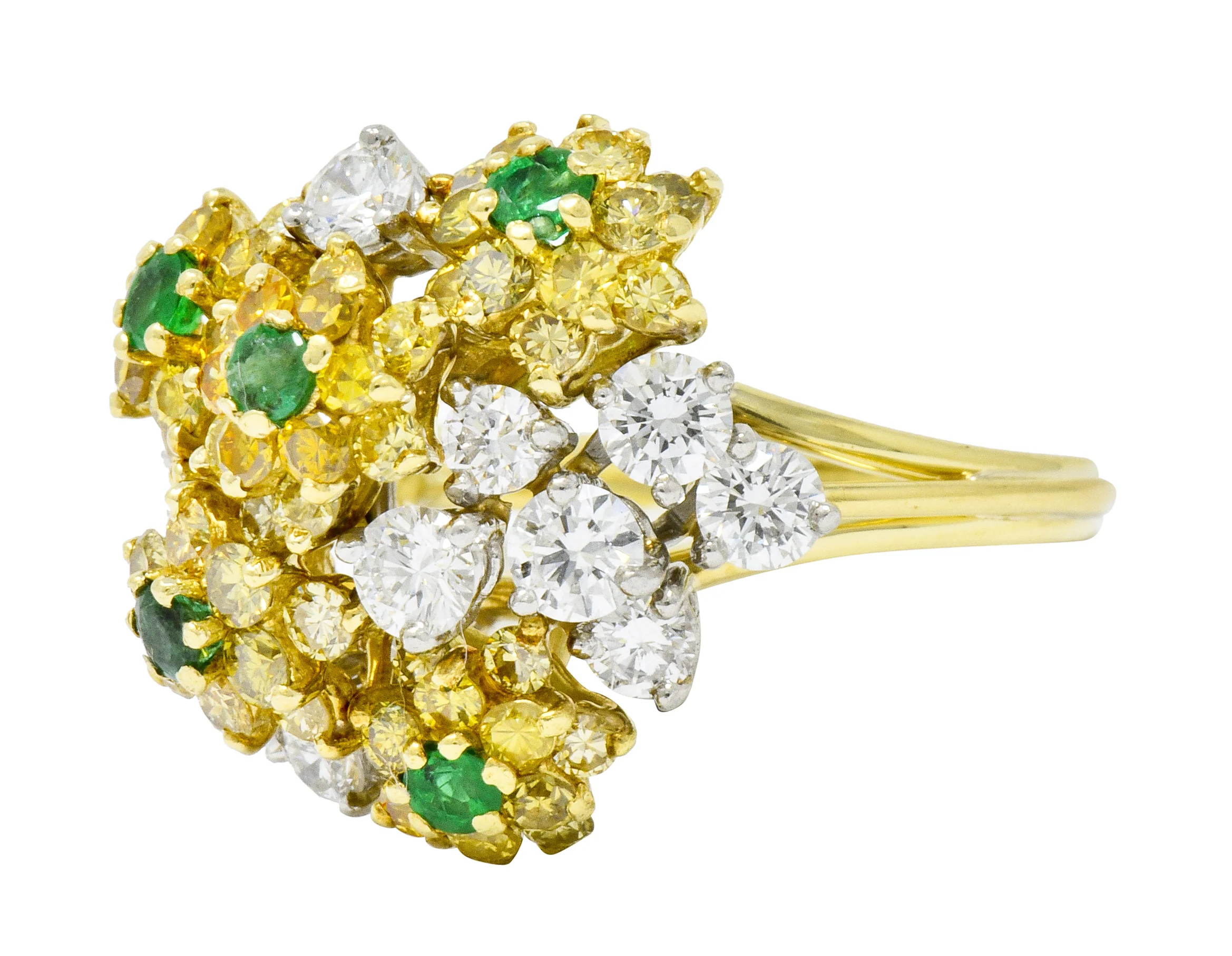 Vintage 3.21 CTW Yellow and White Diamond Emerald 18 Karat Gold Floral Cluster Ring - Image 6