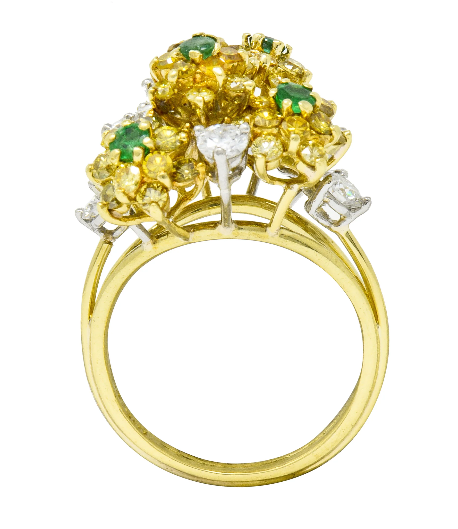 Vintage 3.21 CTW Yellow and White Diamond Emerald 18 Karat Gold Floral Cluster Ring - Image 8